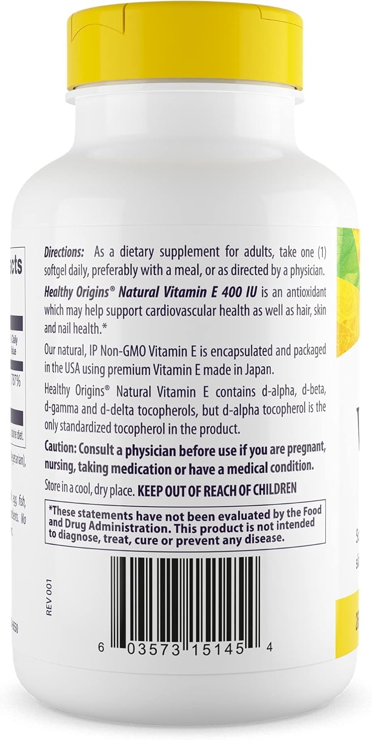 Gélules Healthy Origins Vitamine E 400 UI visibles, faciles à intégrer à la routine.