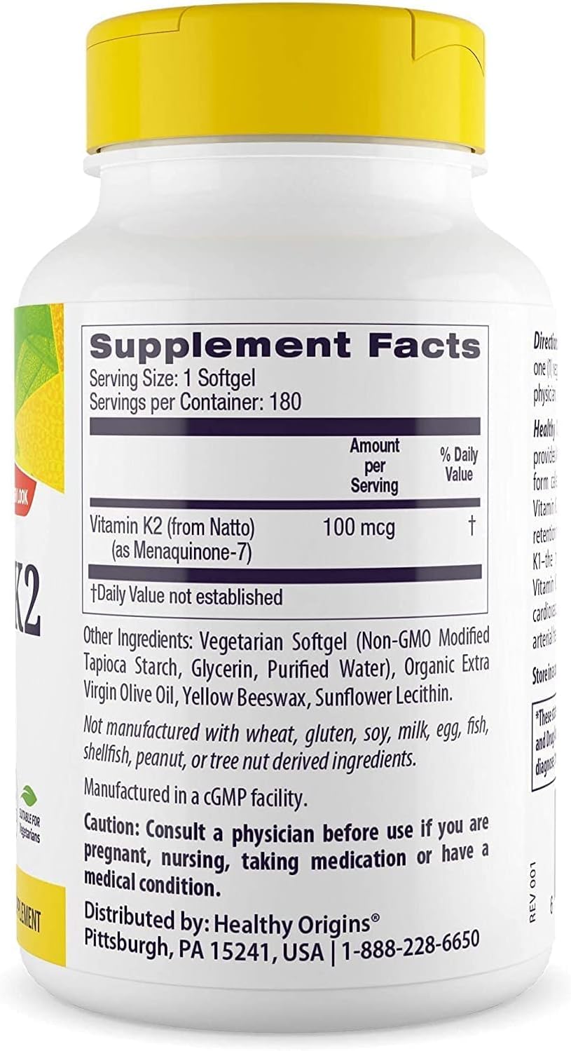 Healthy Origins Vitamin K2 MK-7 – comprimés végétariens faciles à avaler et intégrables.