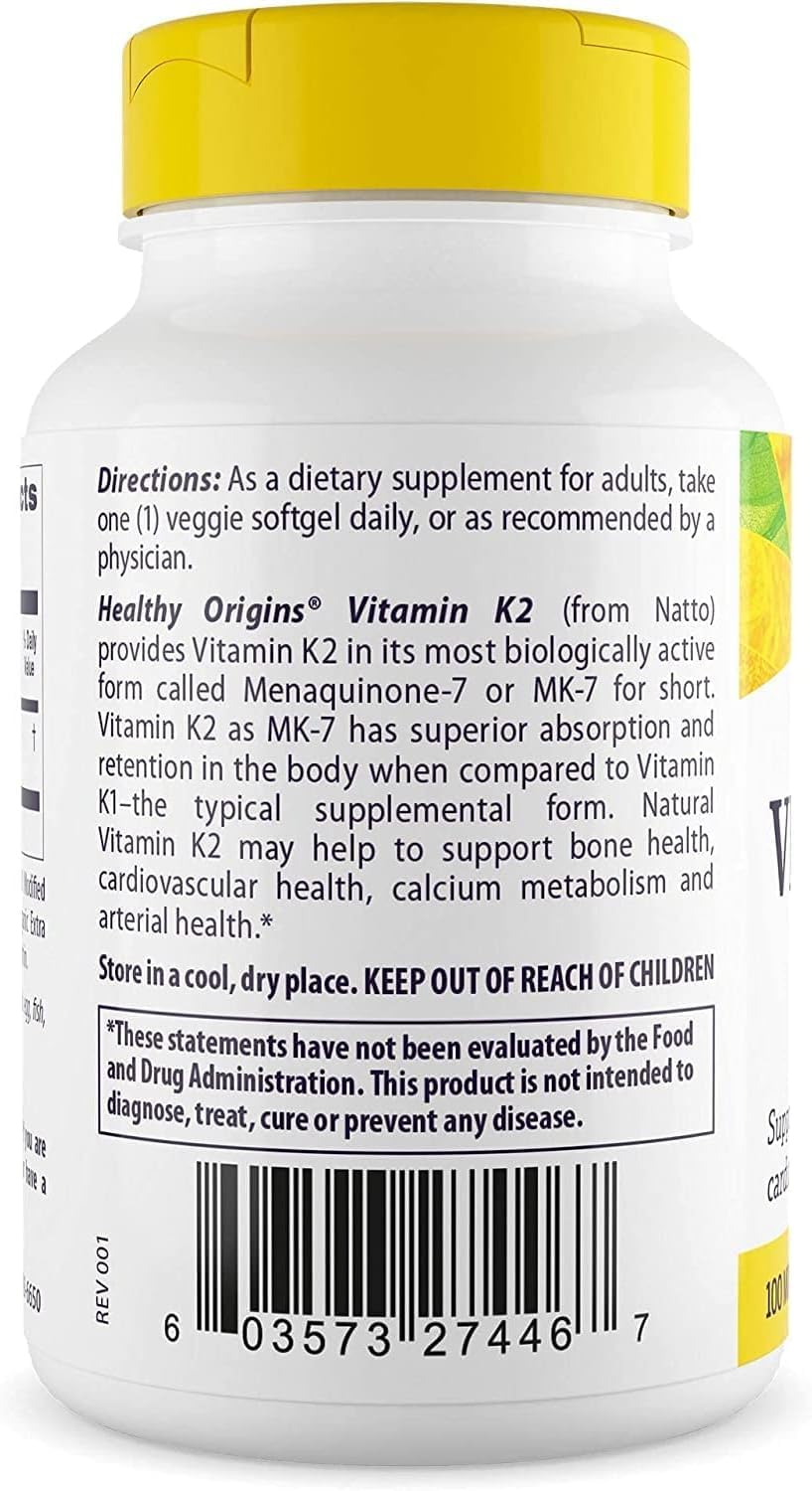 Healthy Origins Vitamin K2 MK-7 – étiquette et flacon, Non-GMO et sans gluten.