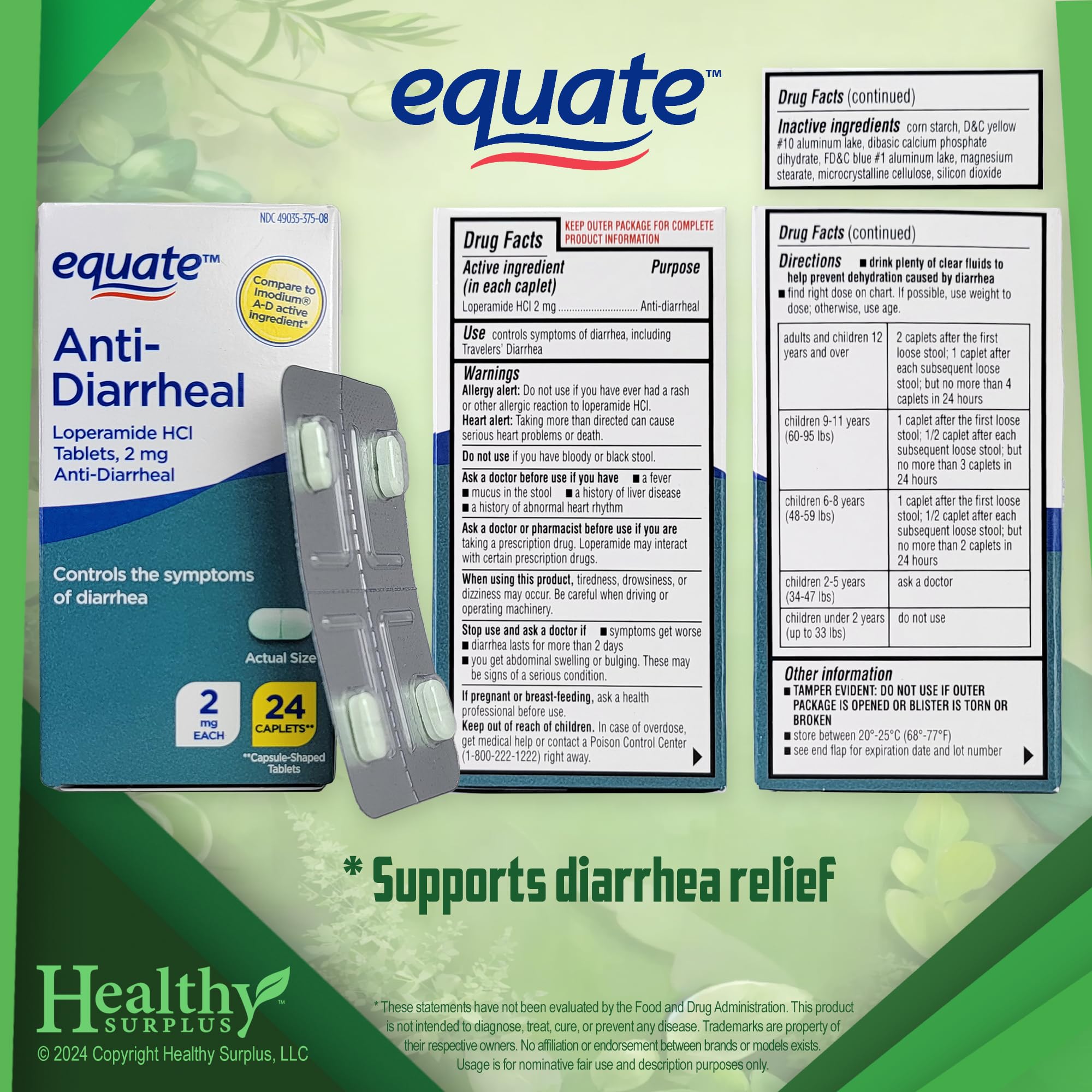 Healthy Surplus Equate Loperamide bouteille — image bouteille, utilisation rapide en déplacement lors d'inconfort digestif.