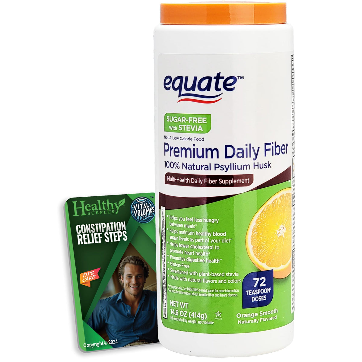 Equate psyllium husk en poudre orange, pour soutenir l'apport en fibres quotidien.