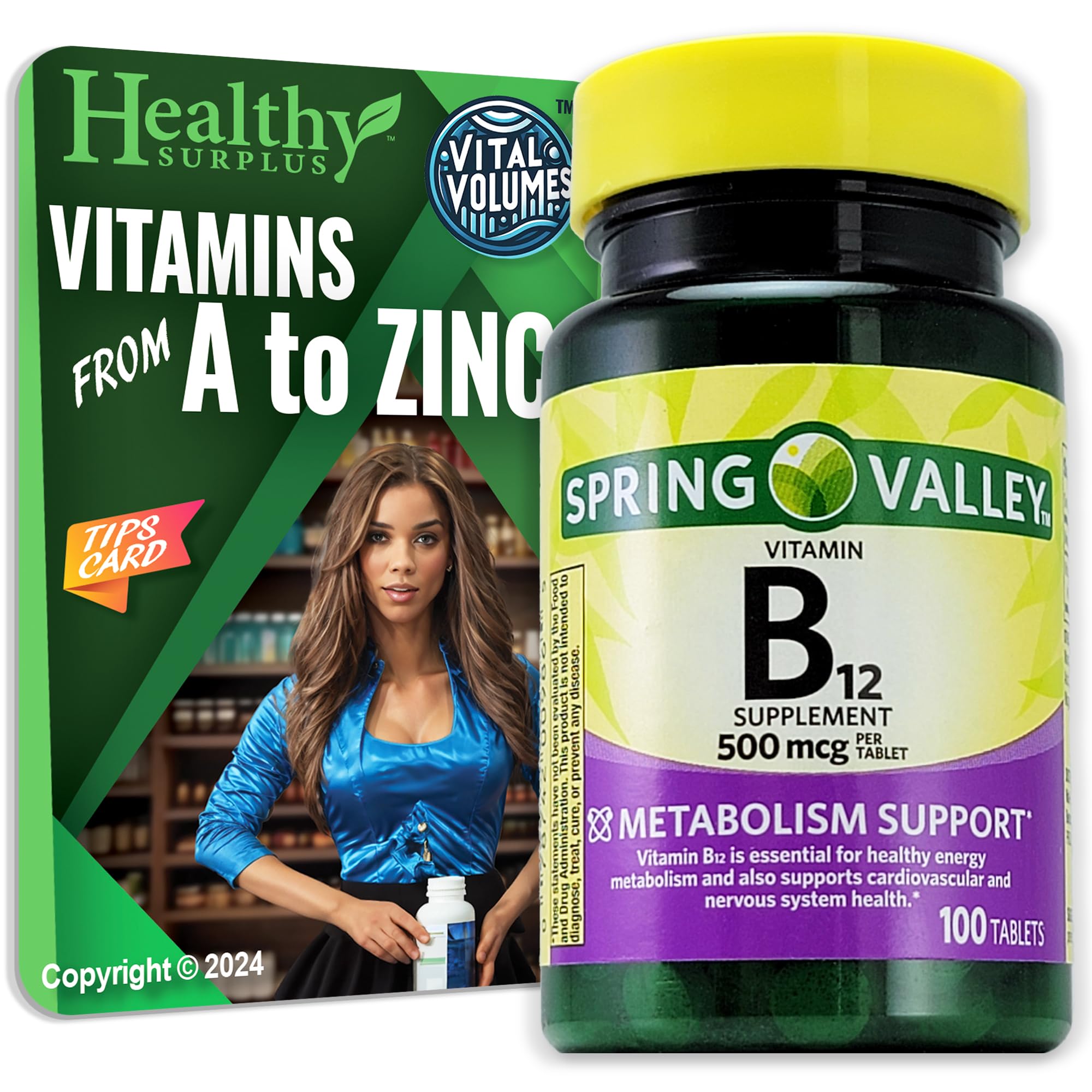 Healthy Surplus vitamine B12 : comprimés dans un bocal, apport quotidien possible et pratique.