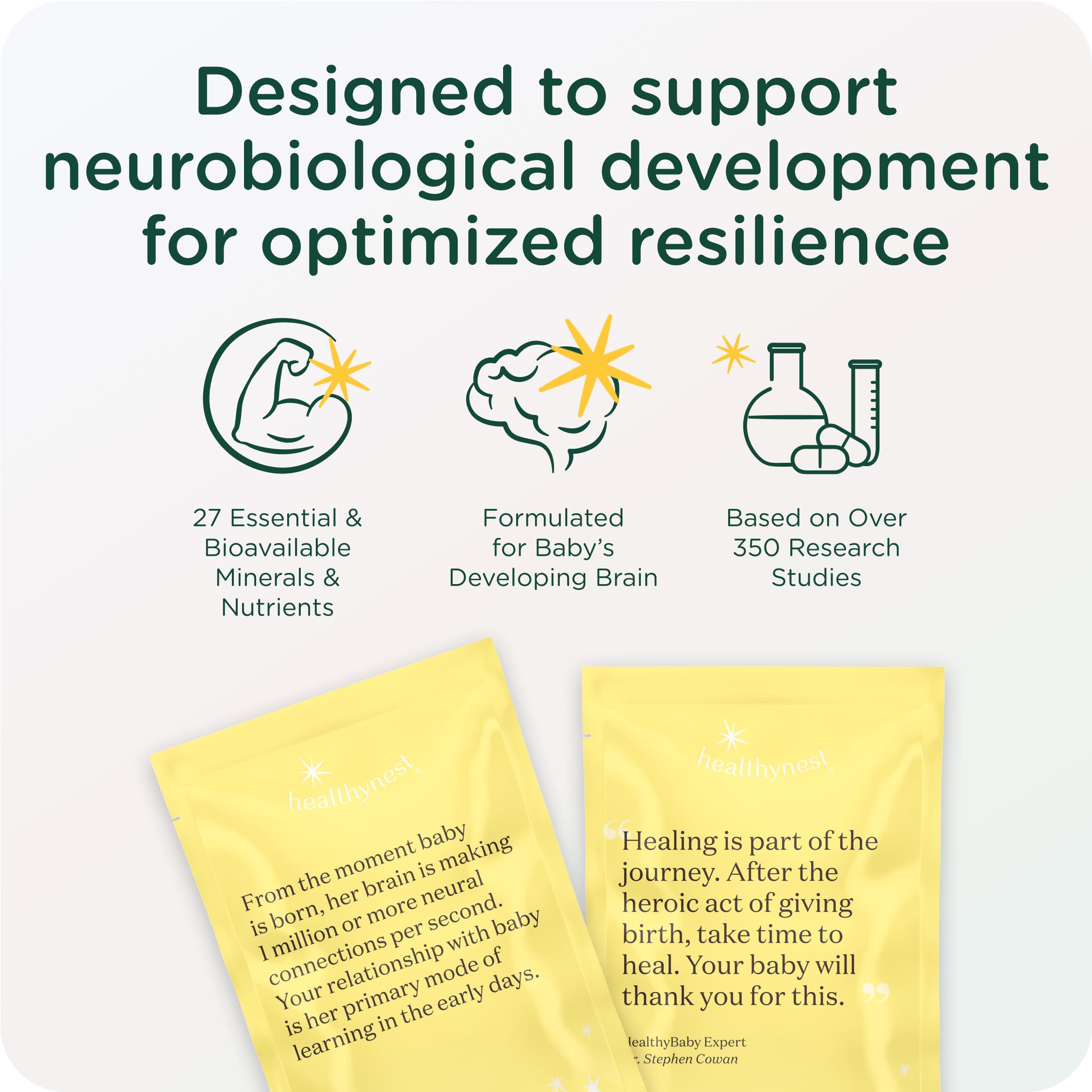HealthyNest bouteille de vitamines prénatales, pratique et lisible.