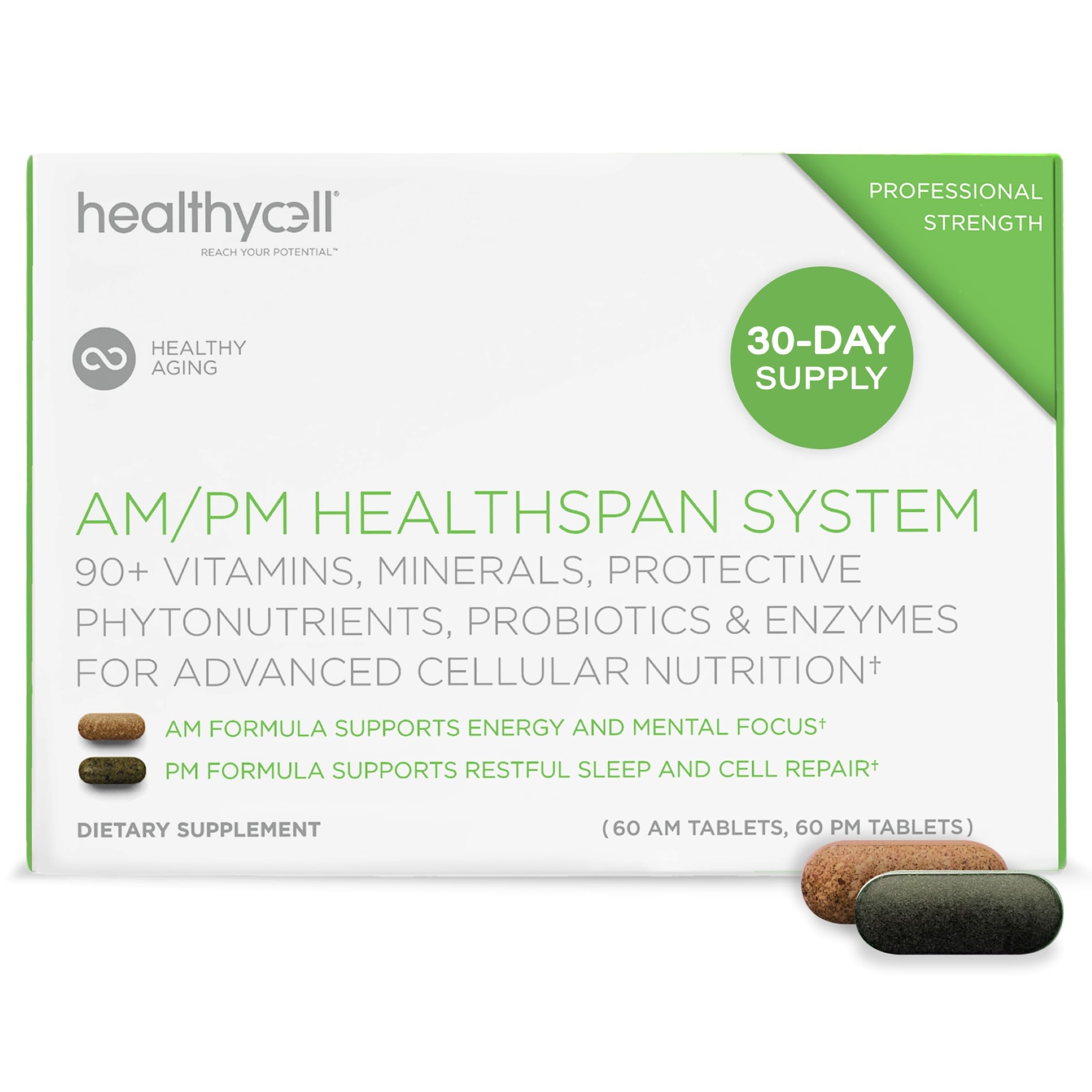 HealthyCell AM/PM – bouteille de compléments, soutien nutritionnel quotidien pour énergie et récupération.