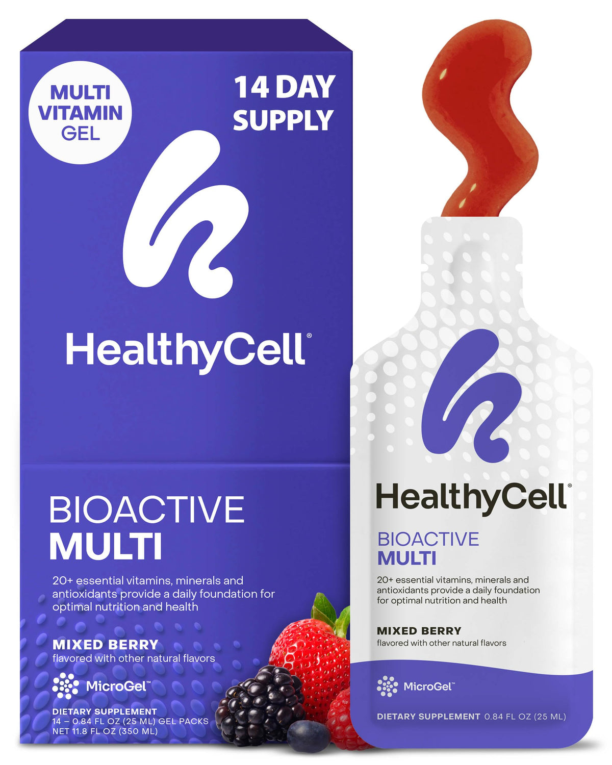 HealthyCell Bioactive Daily en bouteille montrant la multivitamine liquide.