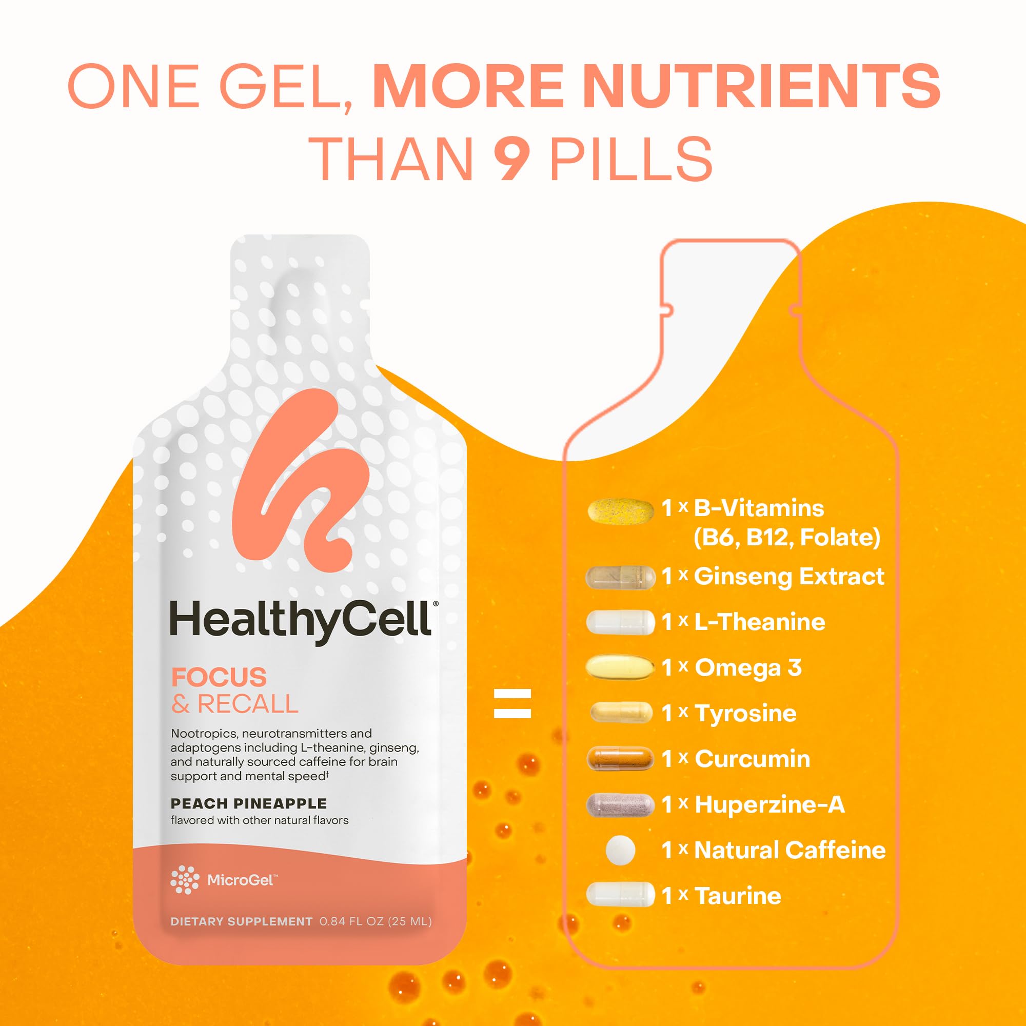 HealthyCell Focus & Recall : format gel nomade pratique en déplacement.