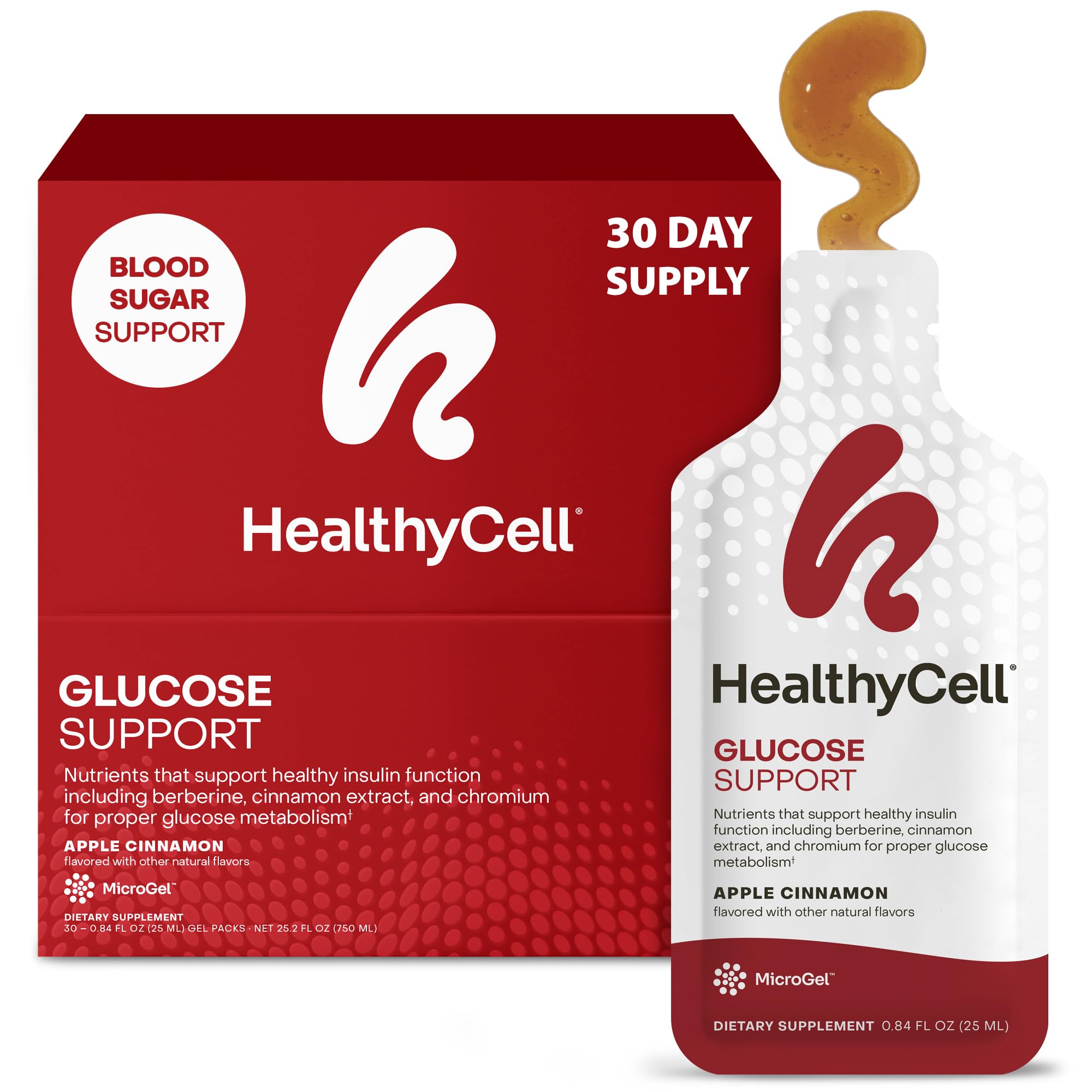 HealthyCell Glucose Support – gel-pack pomme cannelle, pratique à emporter.