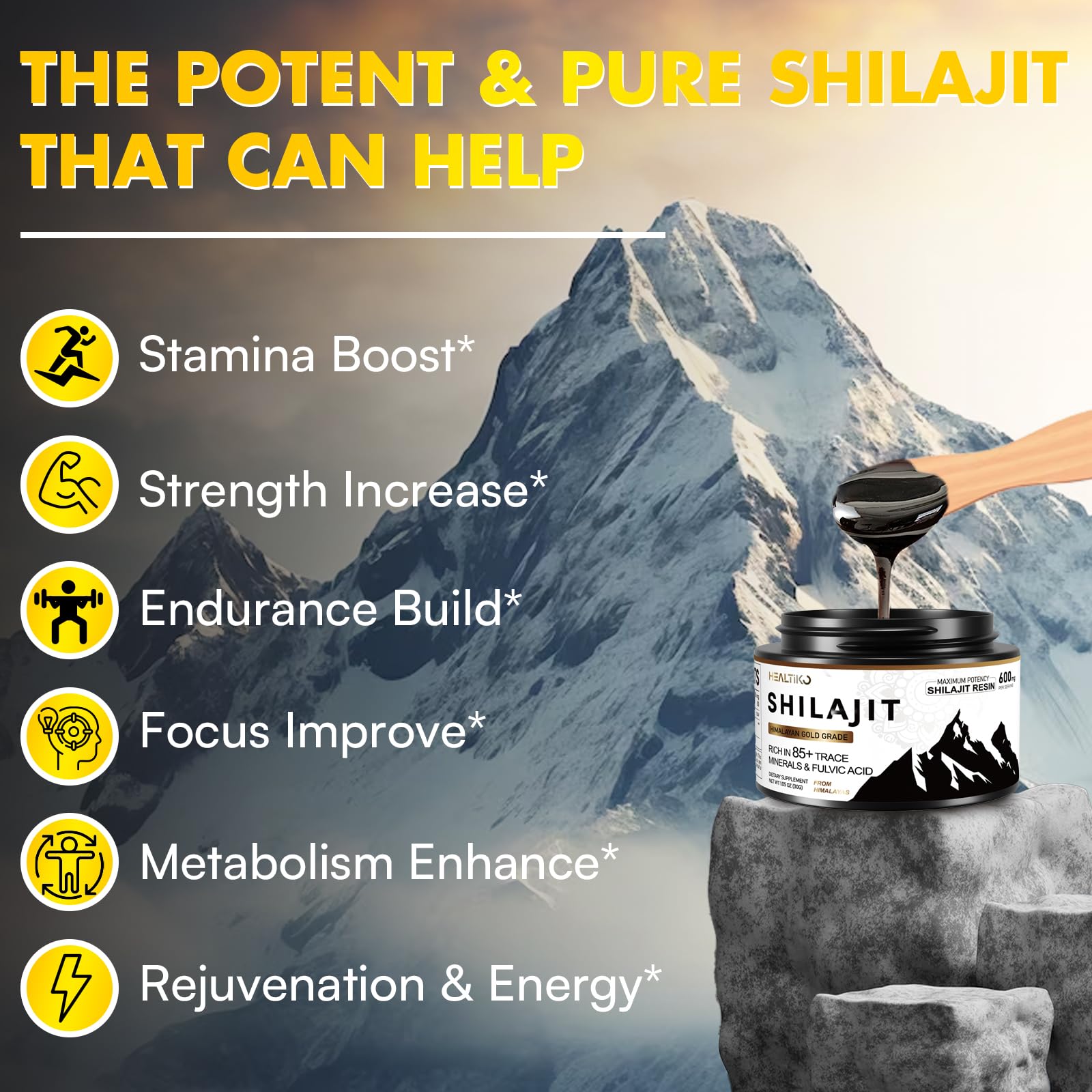 Étiquette et logo Healtiko assurant l'authenticité du produit Shilajit Résine.