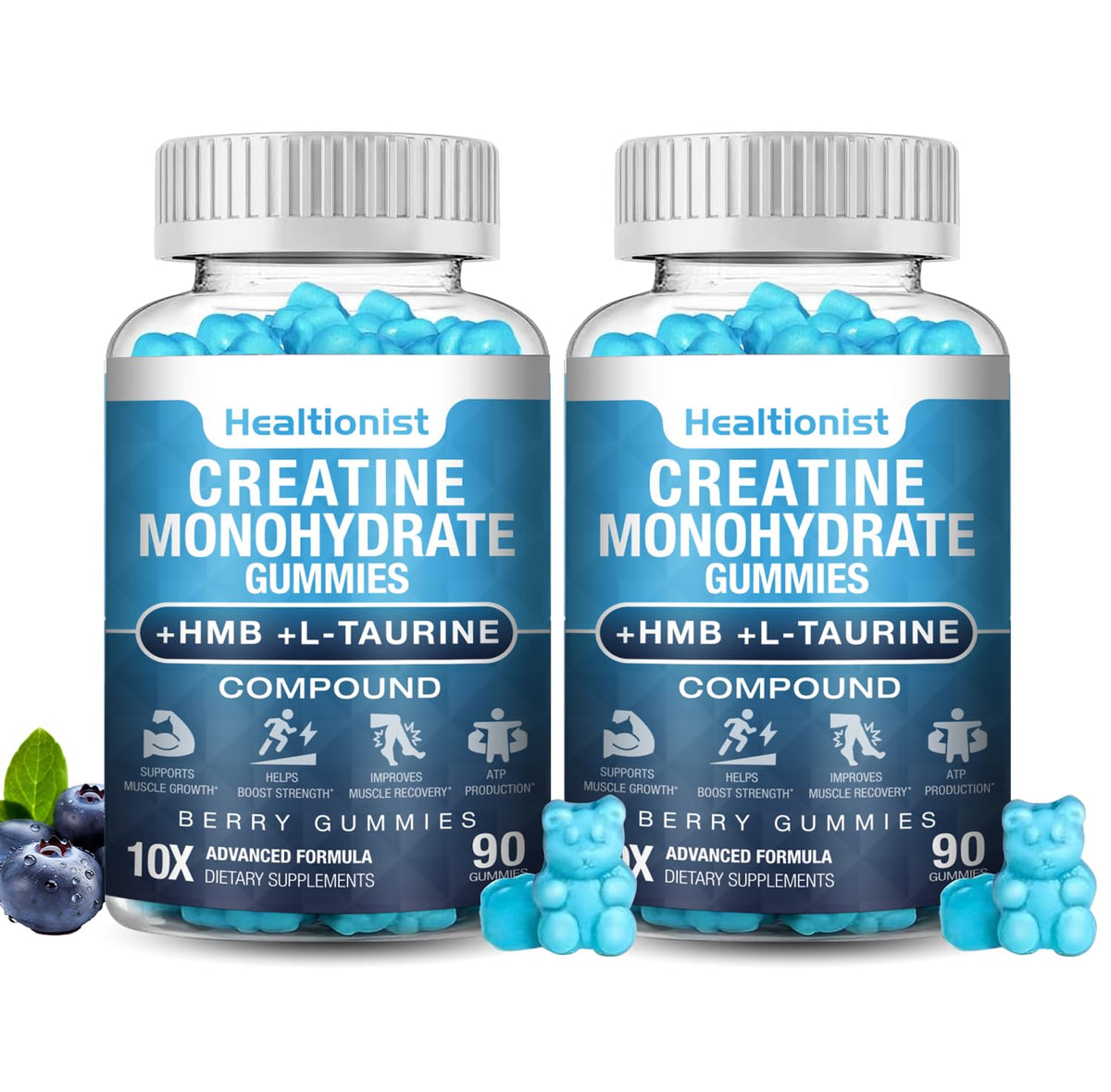 Gommes Healtionist Creatine HMB Monohydrate en bouteille, énergie soutenue pendant l’entraînement.