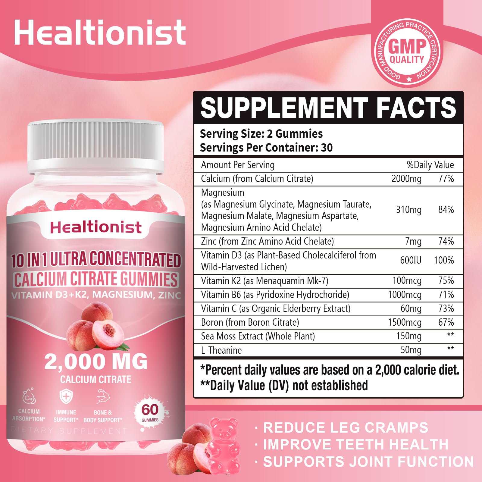 Gommes Healtionist calcium citrate pêche, flacon attrayant et facile à mâcher.