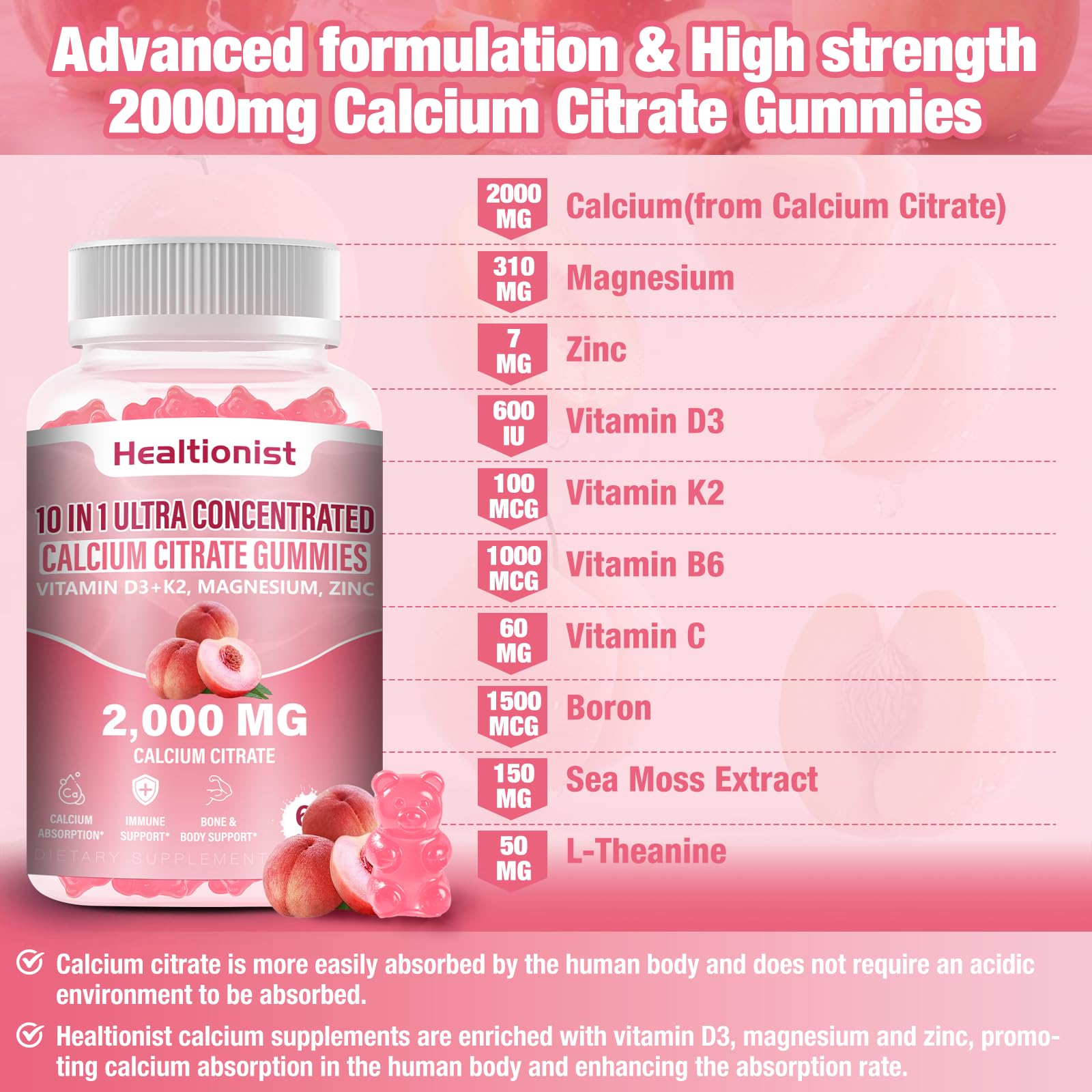 Ingrédients D3, K2, magnésium et zinc par Healtionist pour meilleure assimilation.