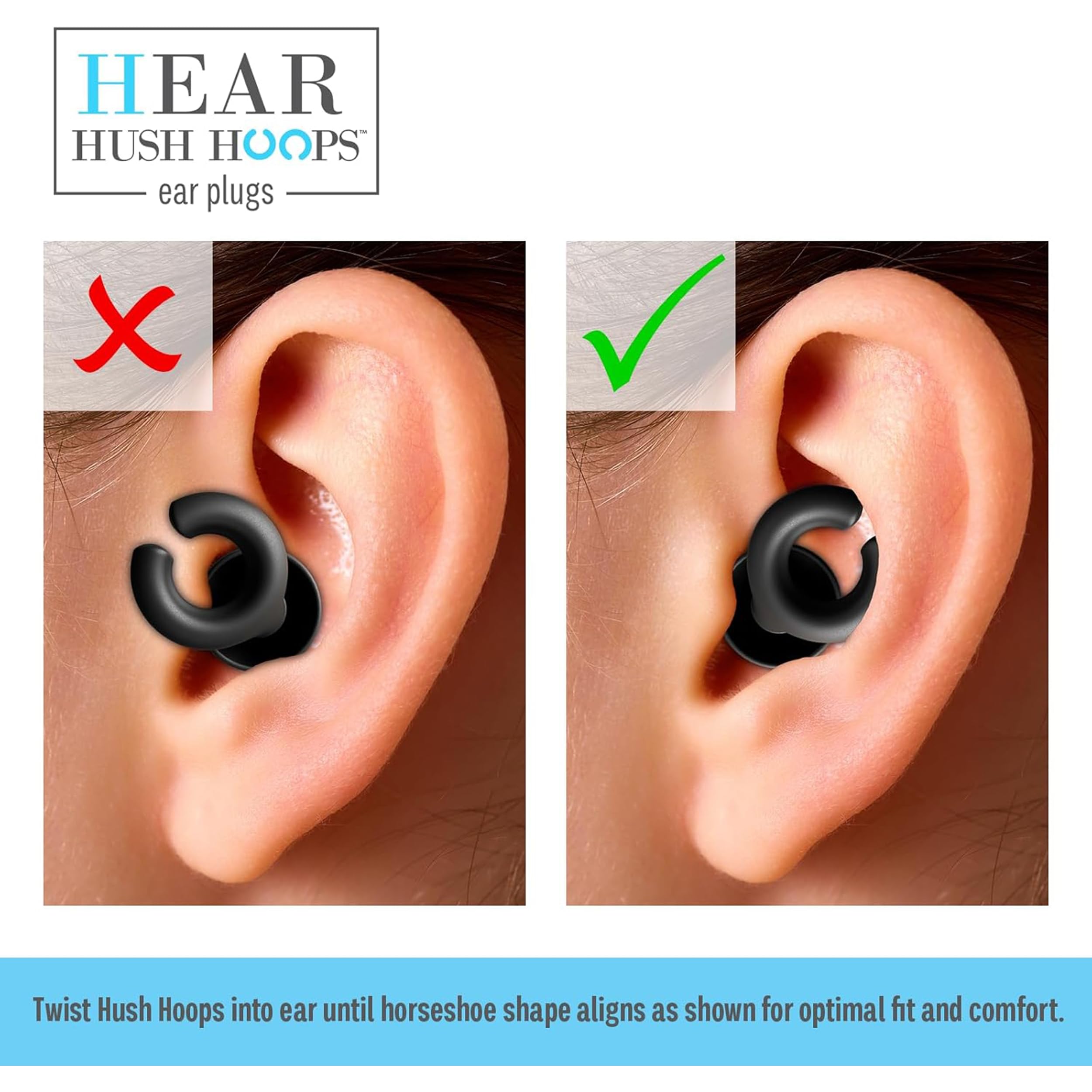 HEAR HUSH HOOPS, quatre tailles incluses pour ajustement parfait et confort durable.