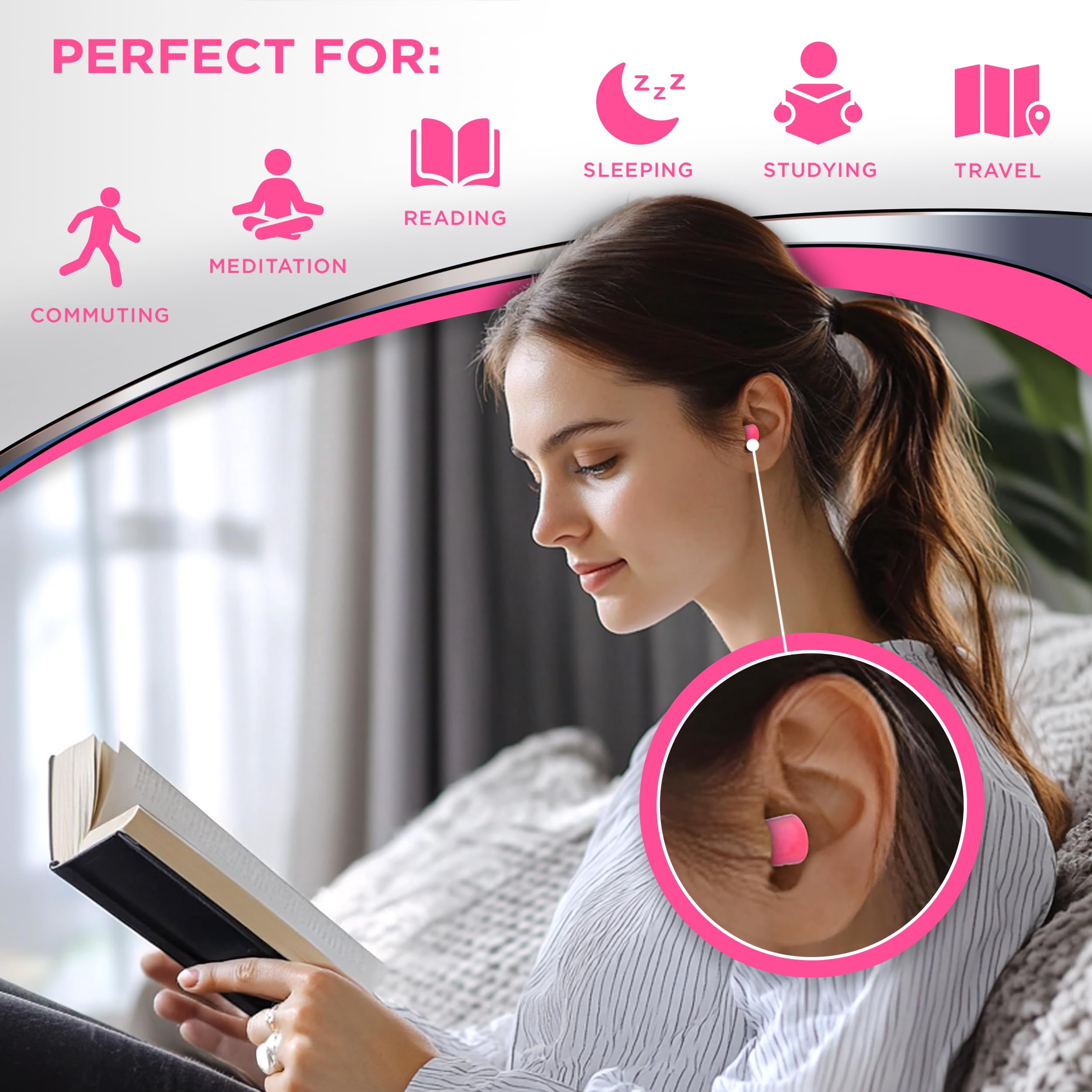 Bouchons rose néon Hearos : accessoire discret pour dormir et transporter.