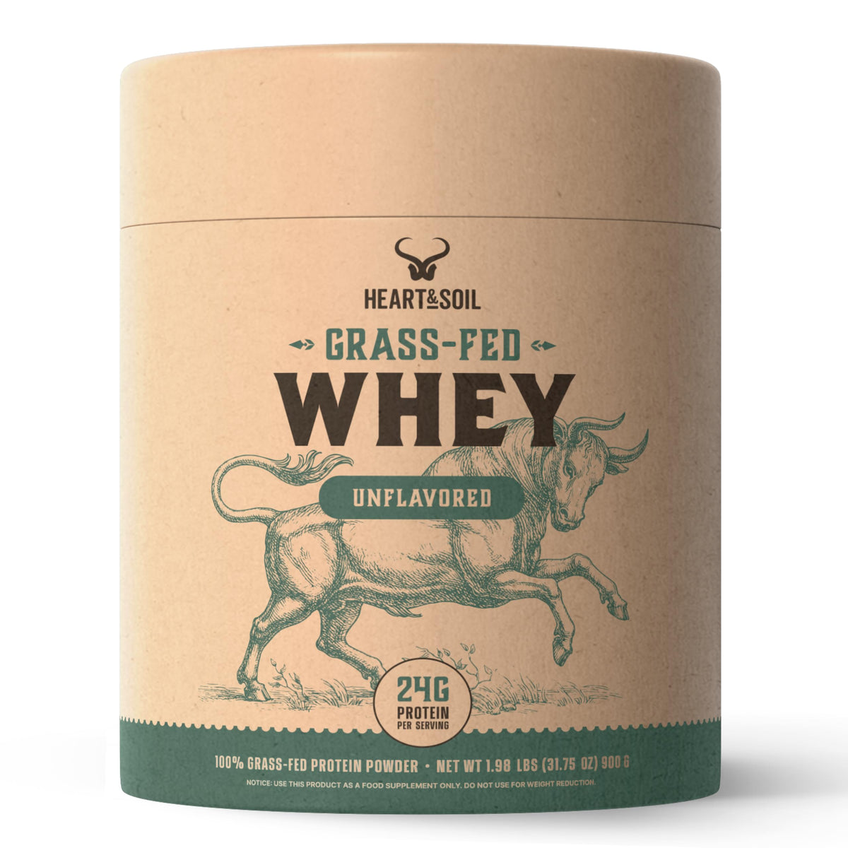 HEART & SOIL protéine whey concentrée, bouteille: nutrition pure et sans arômes.