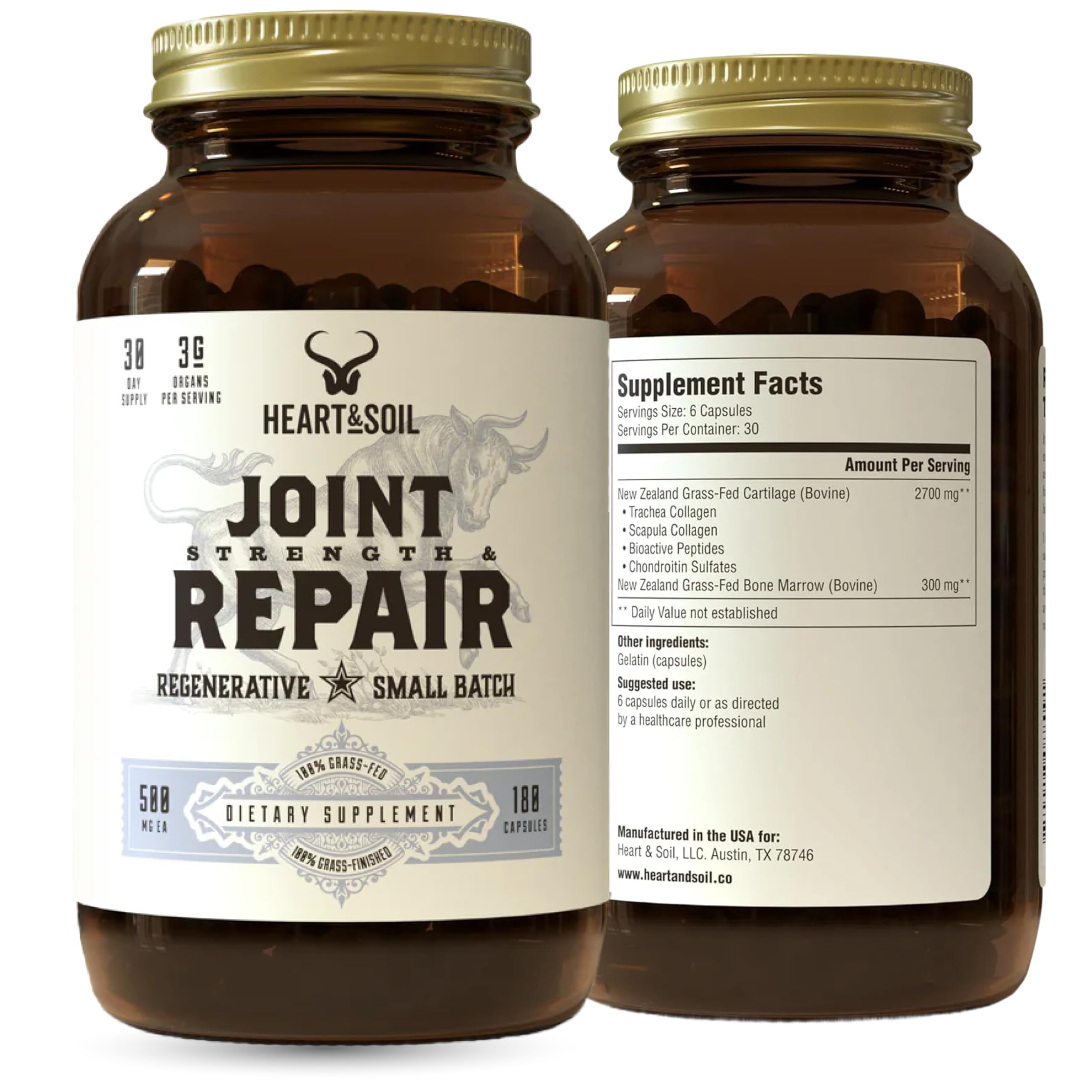 Heart & Soil Bouteille-verre: capsules qui soutiennent les articulations et la mobilité
