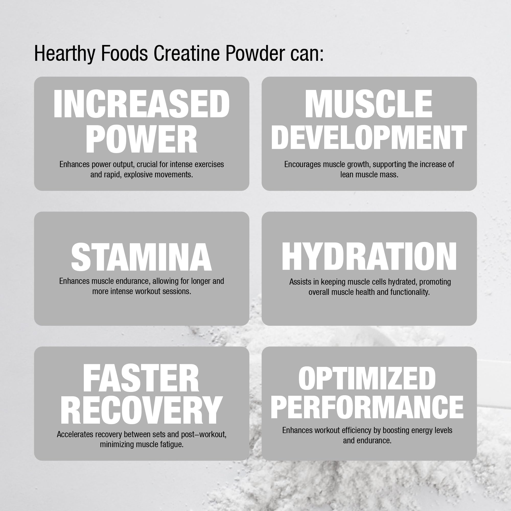 HEARTHY FOODS Créatine Monohydrate – étiquette claire et informations nutritionnelles utiles