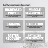 HEARTHY FOODS Créatine Monohydrate – étiquette claire et informations nutritionnelles utiles