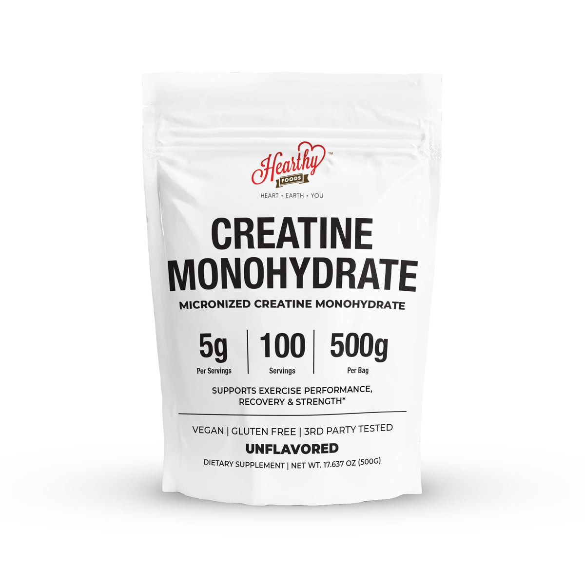 HEARTHY FOODS Créatine Monohydrate Micronisée – poudre 500 g, mélange facile