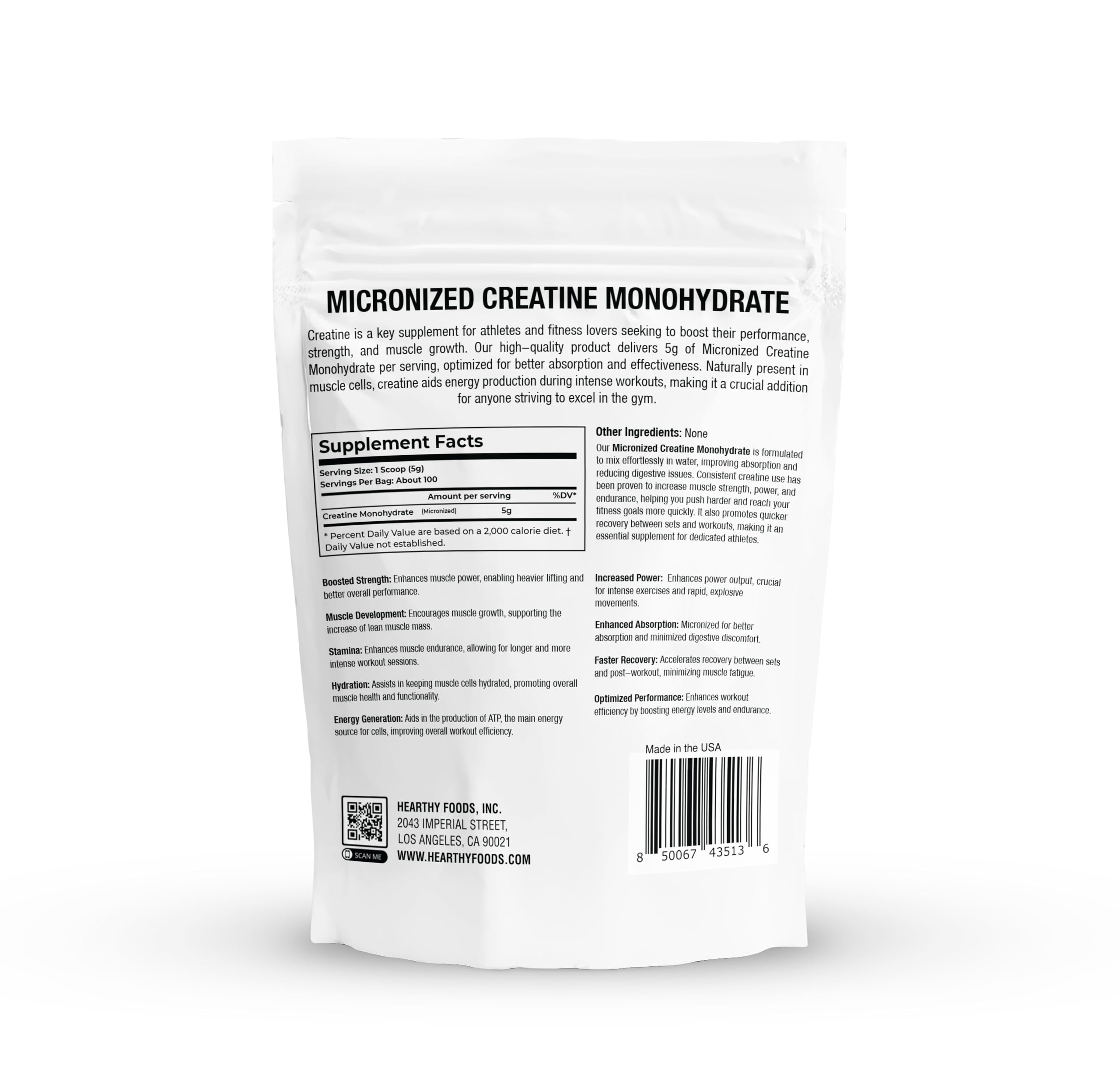 HEARTHY FOODS Créatine Monohydrate – pelle-dose, utilisation pratique avant séance