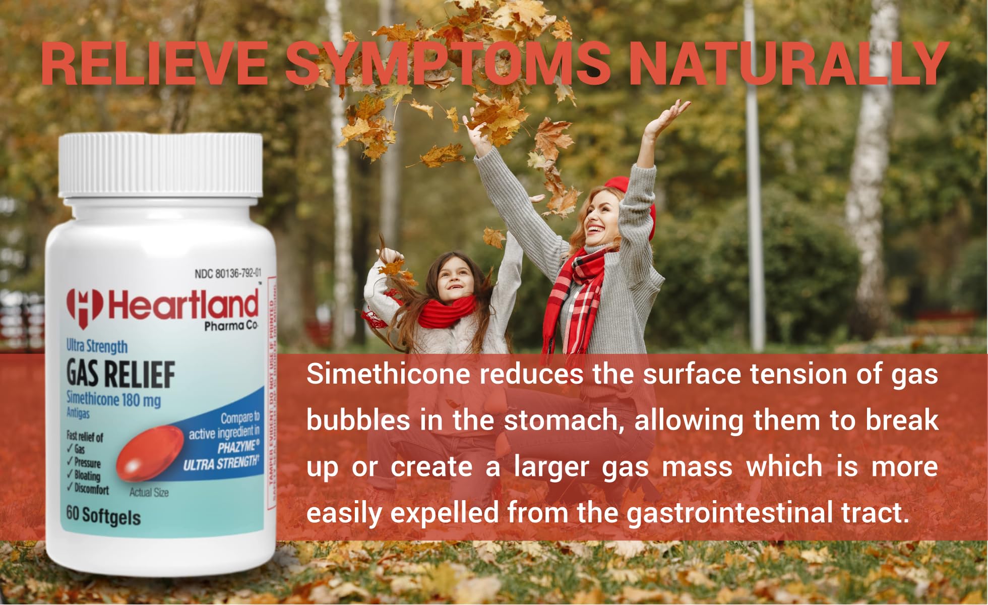 Heartland Pharma Simethicone prise avec eau, dosage conseillé.