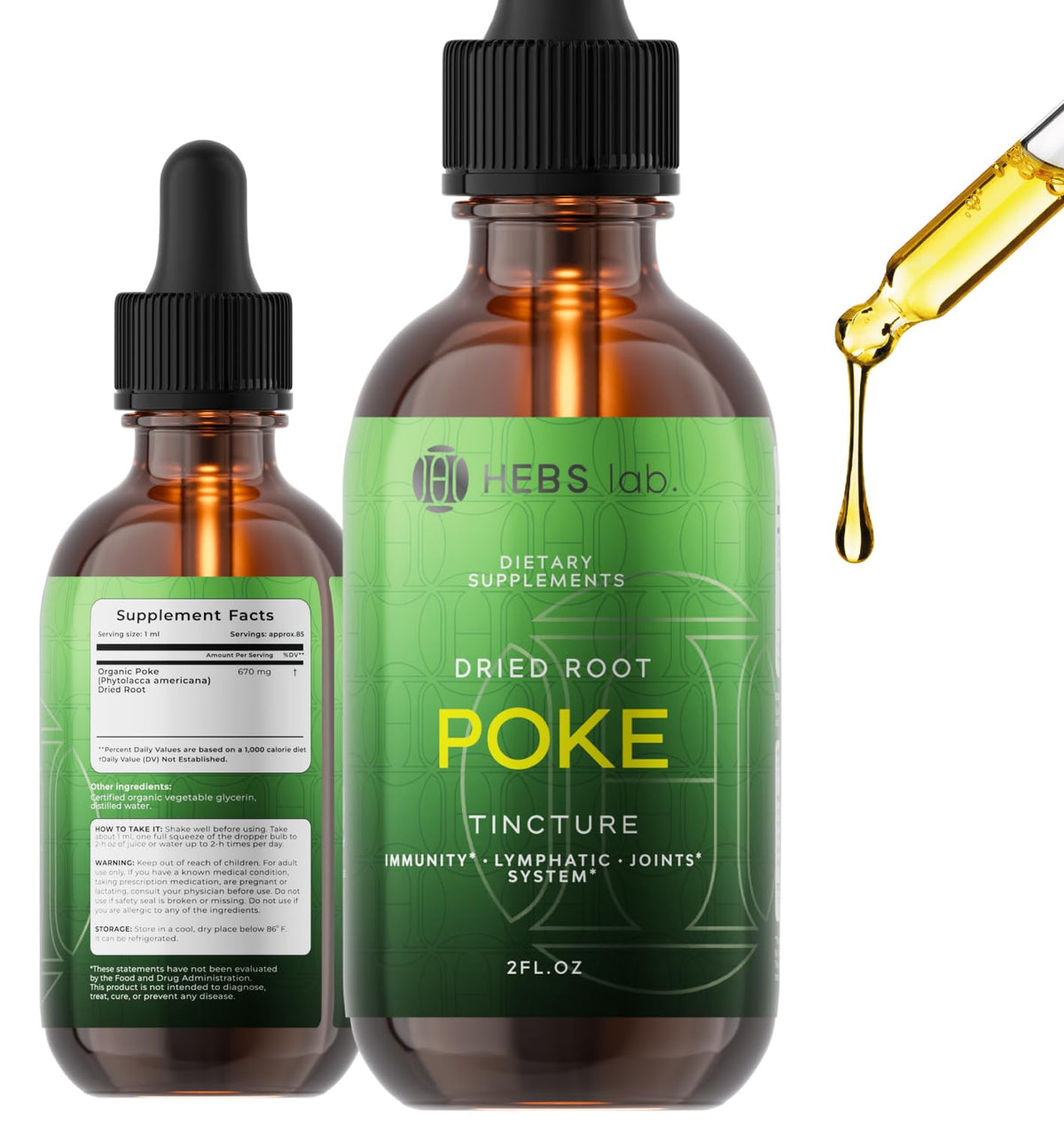 HEBS LAB Extrait Poke Root – bouteille visible, soutien immunitaire potentiel.
