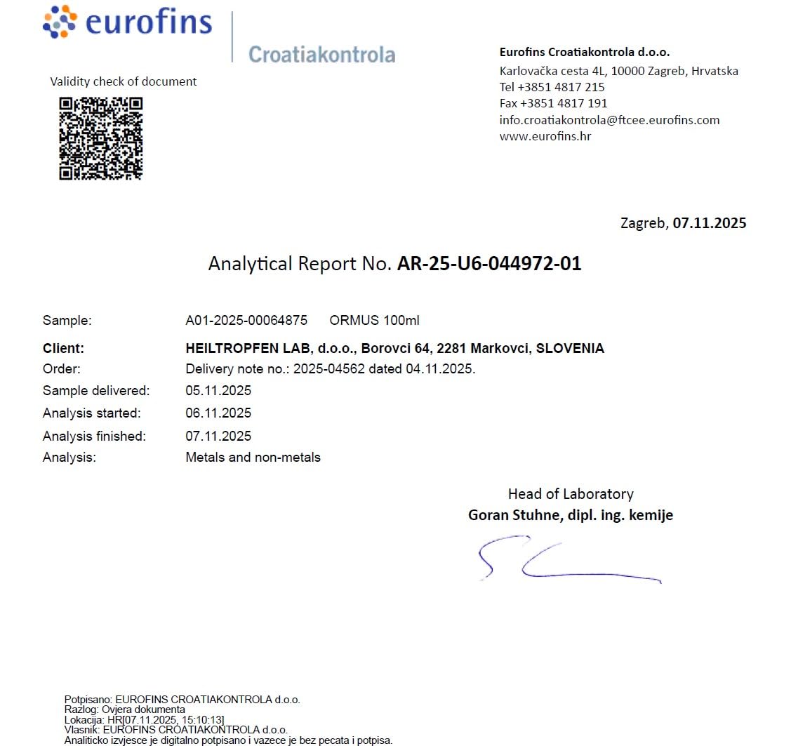 Heiltropfen Ormus – certificat d’analyse tiers pour transparence.