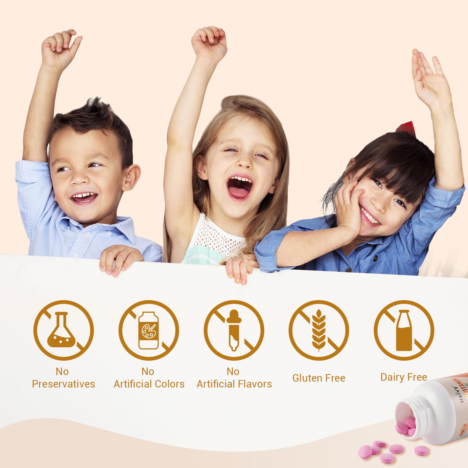Packaging coloré Heivy évoquant plaisir et santé chez l'enfant.