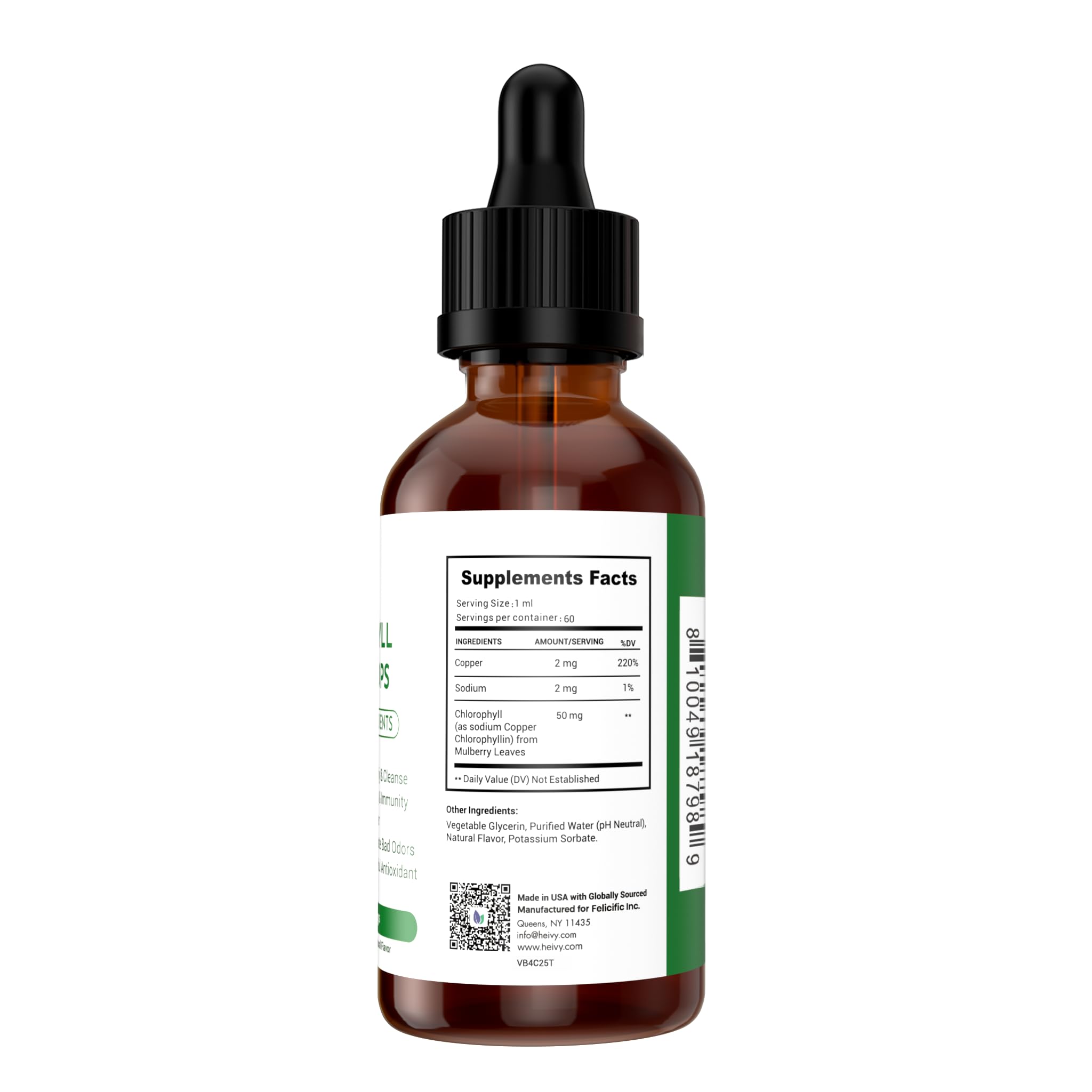 Gouttes de chlorophylle Heivy, flacon vert et gouttes prêtes à être utilisées