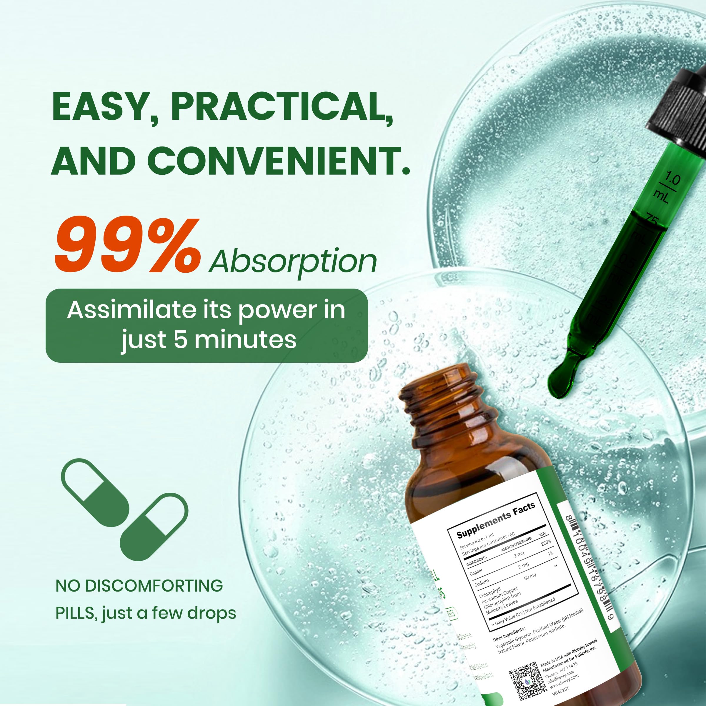 Liquide chlorophylle Heivy de couleur verte prêt à être mélangé dans une boisson