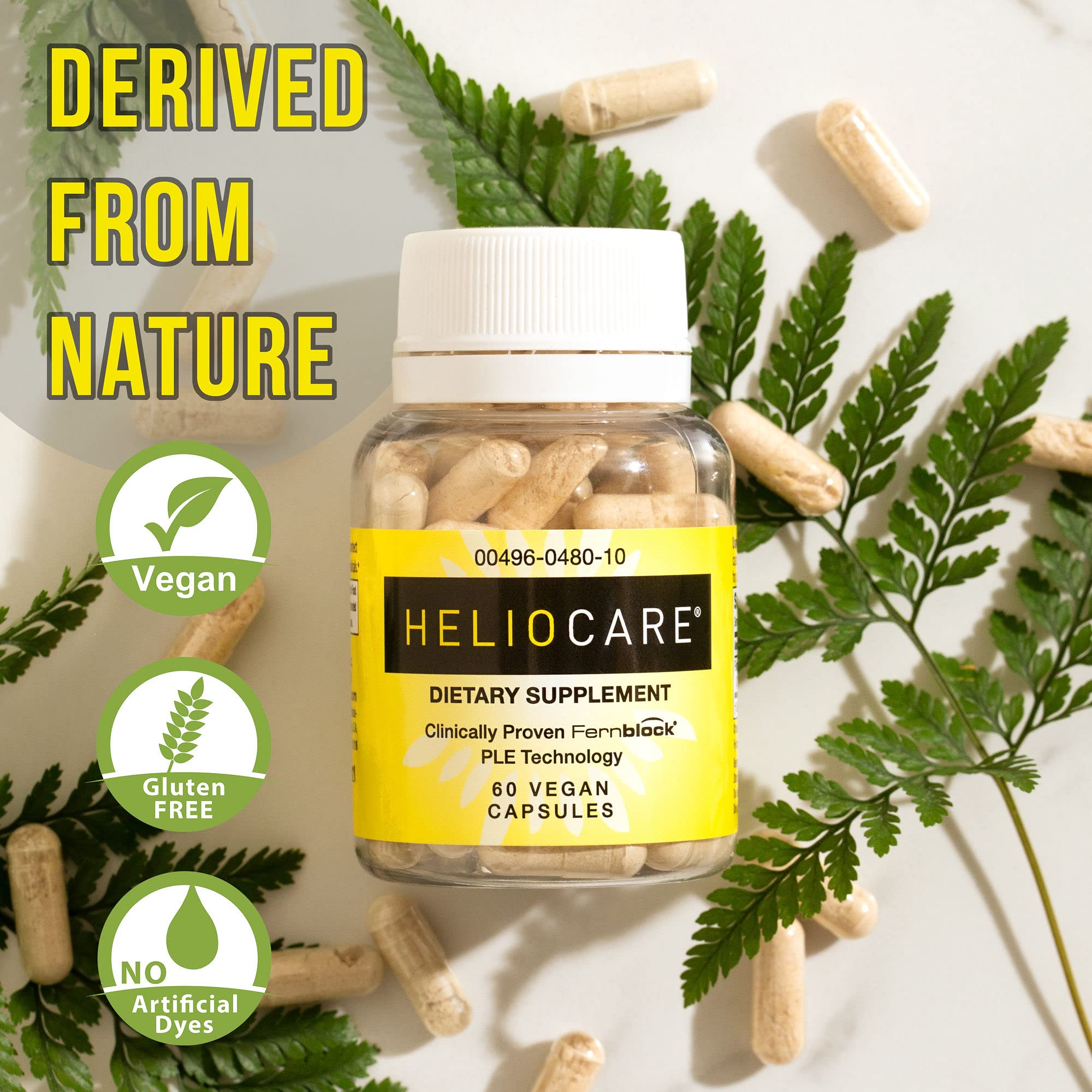 Heliocare étiquette vegan glutenfree, produit propre sans colorants artificiels.