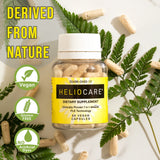Heliocare étiquette vegan glutenfree, produit propre sans colorants artificiels.