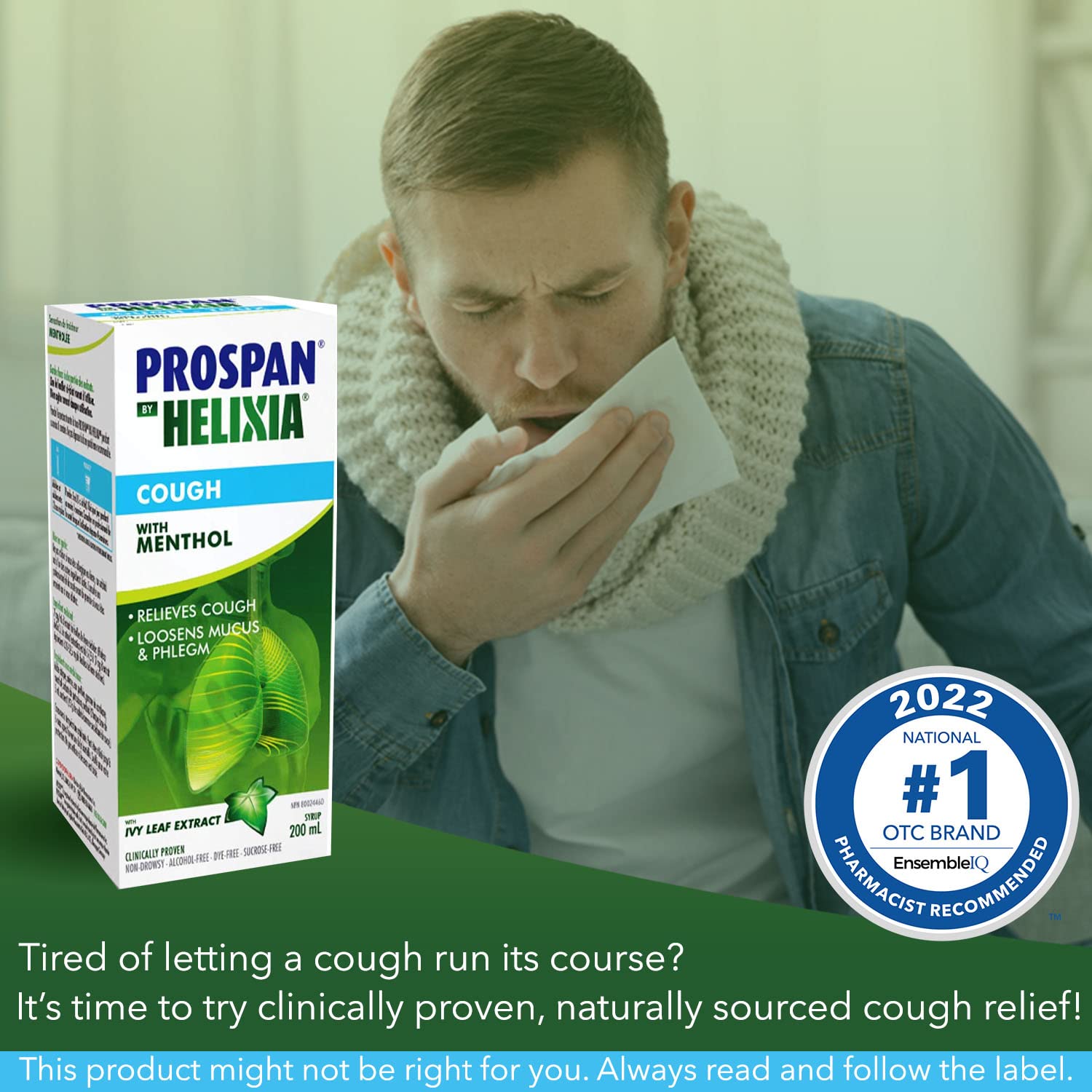 Bouteille Helixia Prospan sirop menthol saveur miel, goût apprécié par les enfants.
