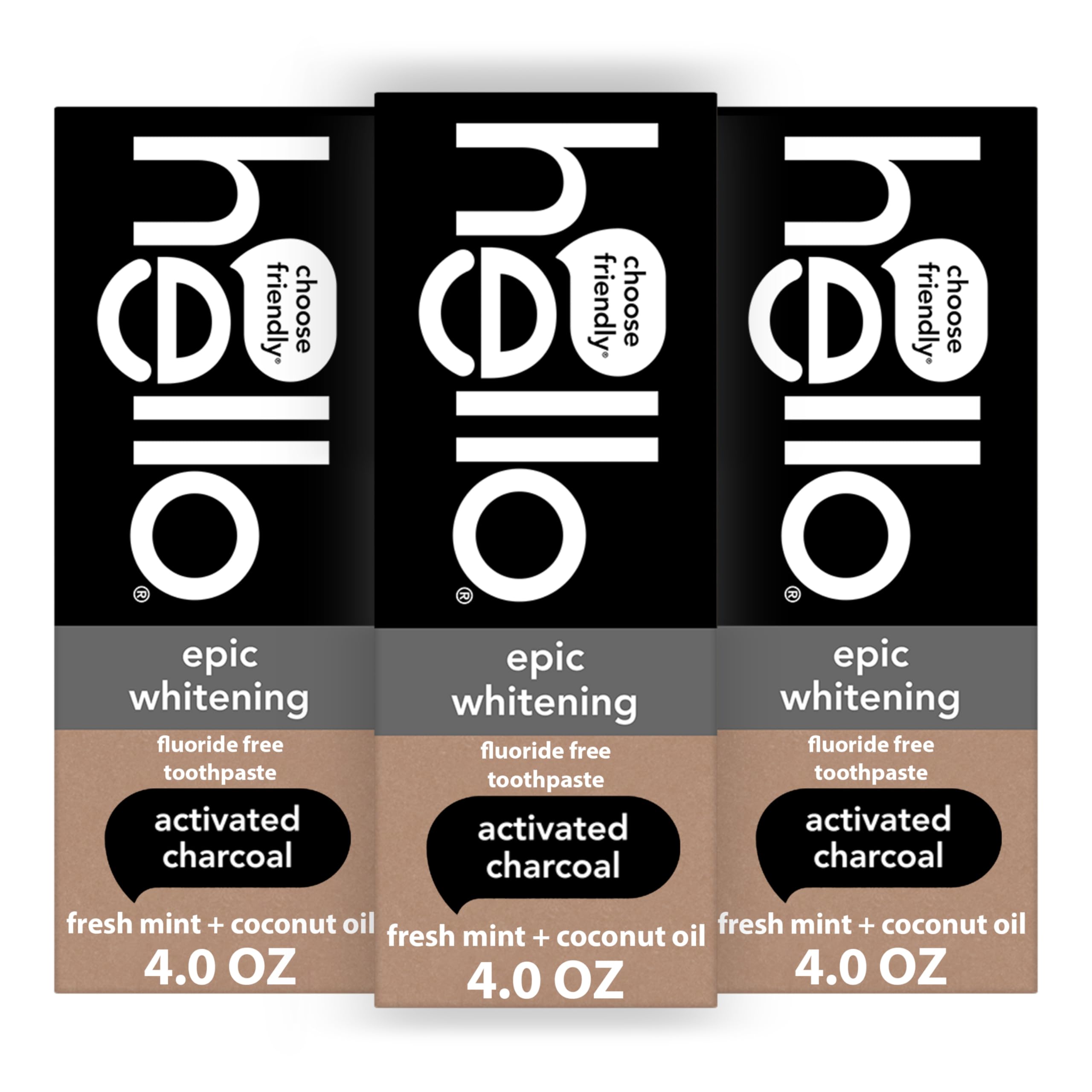 hello Epic Whitening dentifrice au charbon actif, tube visible et potentiel blanchissant doux
