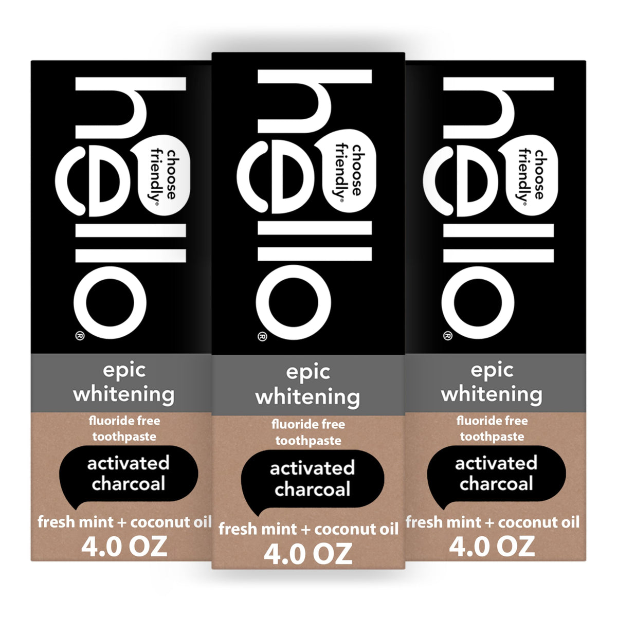 hello Epic Whitening dentifrice au charbon actif, tube visible et potentiel blanchissant doux