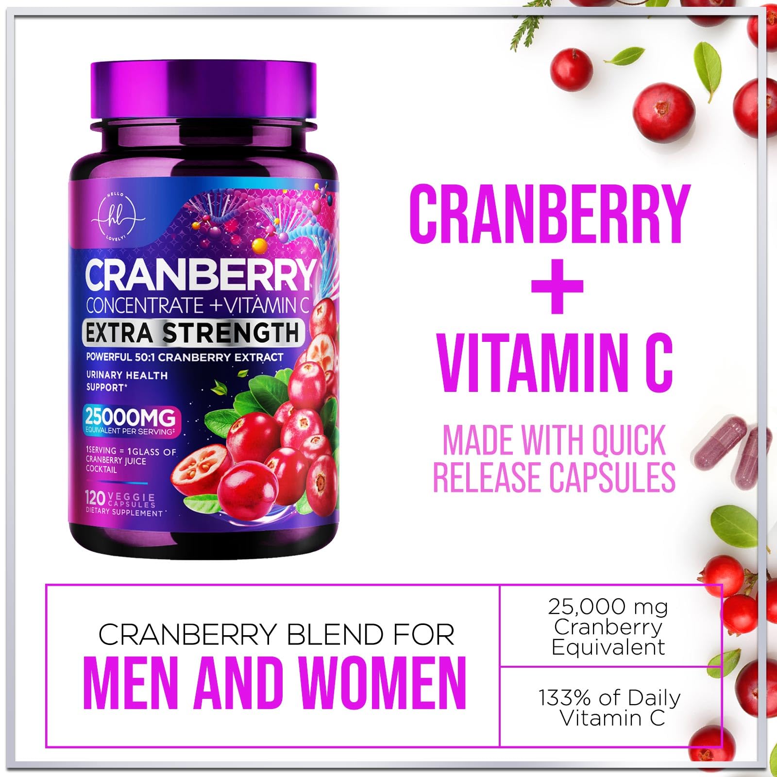 Hello Lovely capsules canneberge 3x-force, puissance concentrée