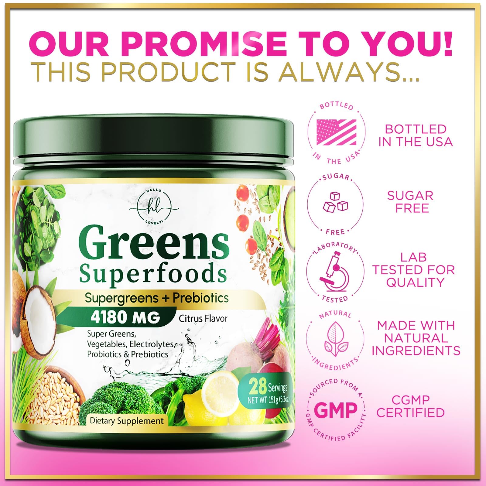 Hello Lovely Poudre verte – spiruline et chlorelle visibles en composants.