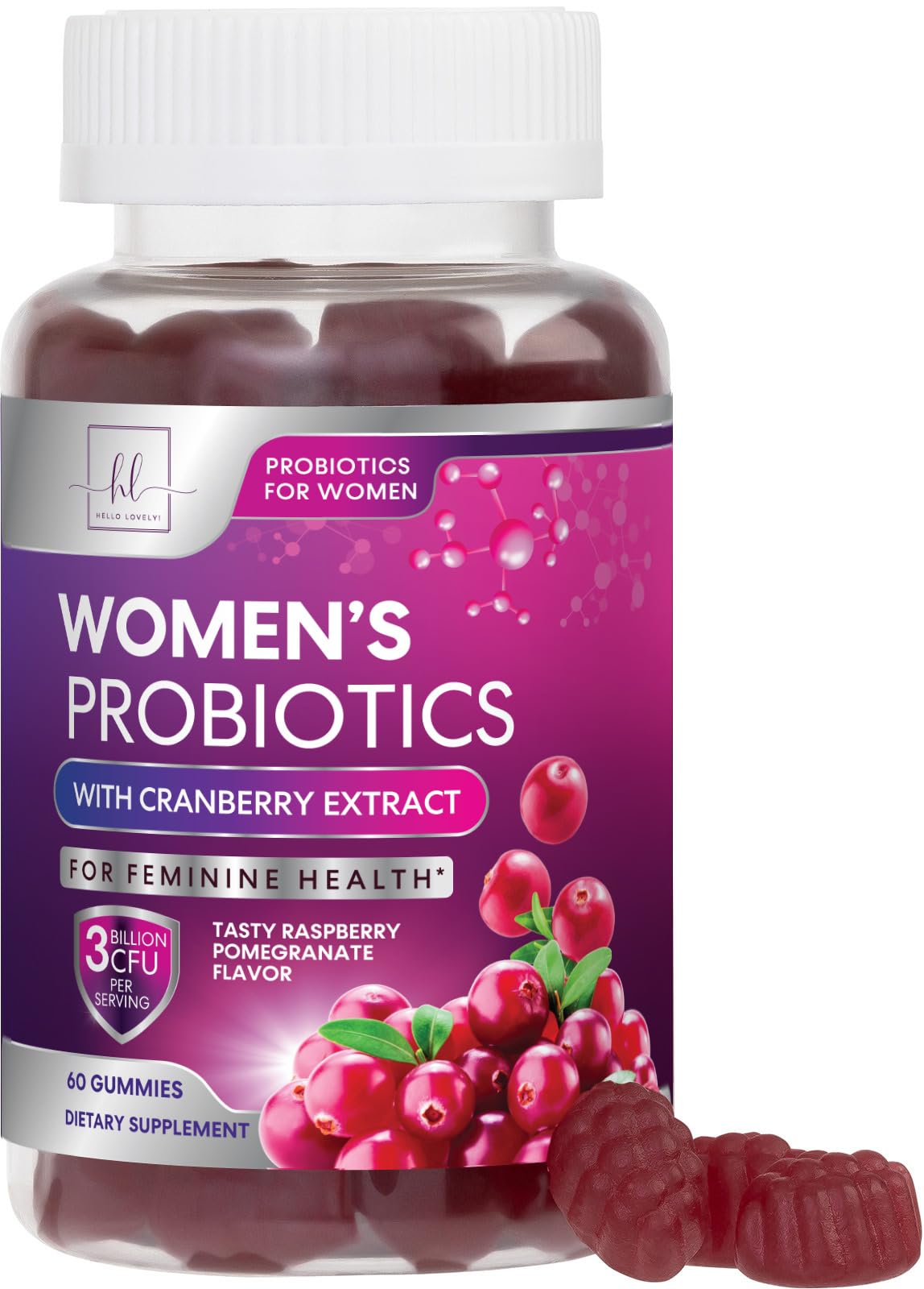 Hello Lovely Probiotiques pour femmes – bouteille de gommes à la canneberge, soutien possible au microbiote.