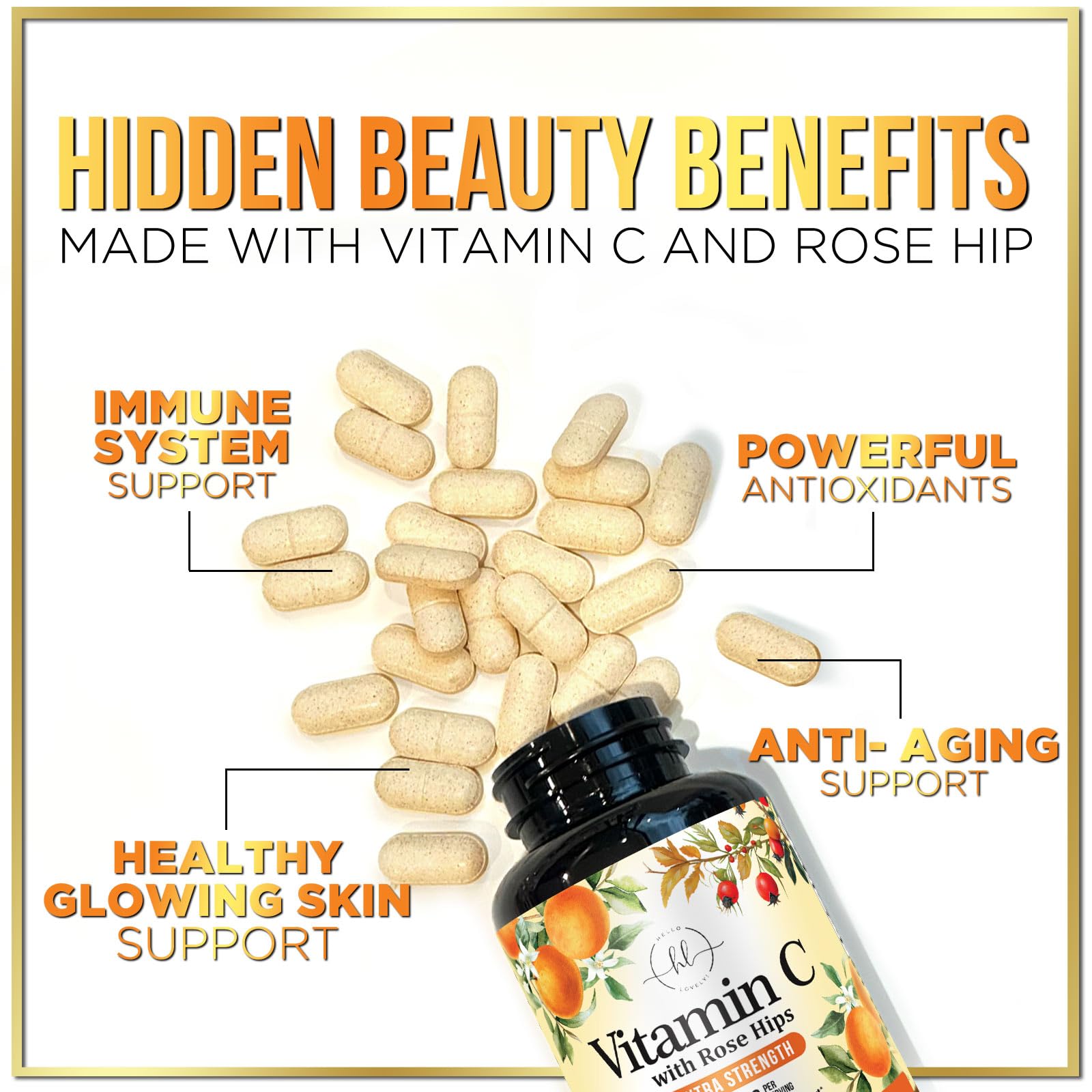 Formule naturelle Hello Lovely vitamine C 1000 mg sans additifs artificiels.