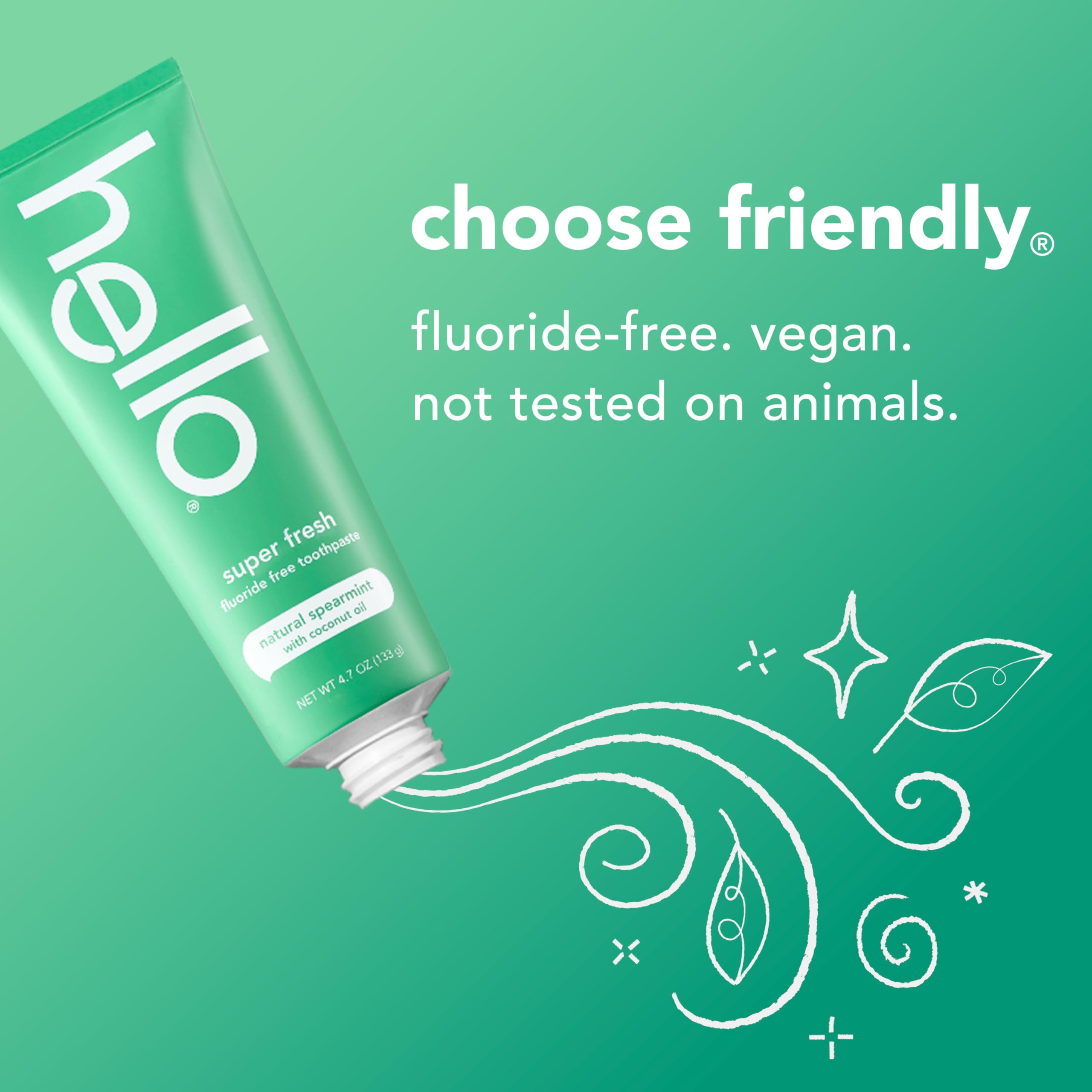 Hello Super Fresh menthe poivrée: tube et brosse visibles, fraîcheur ressentie à l'usage.