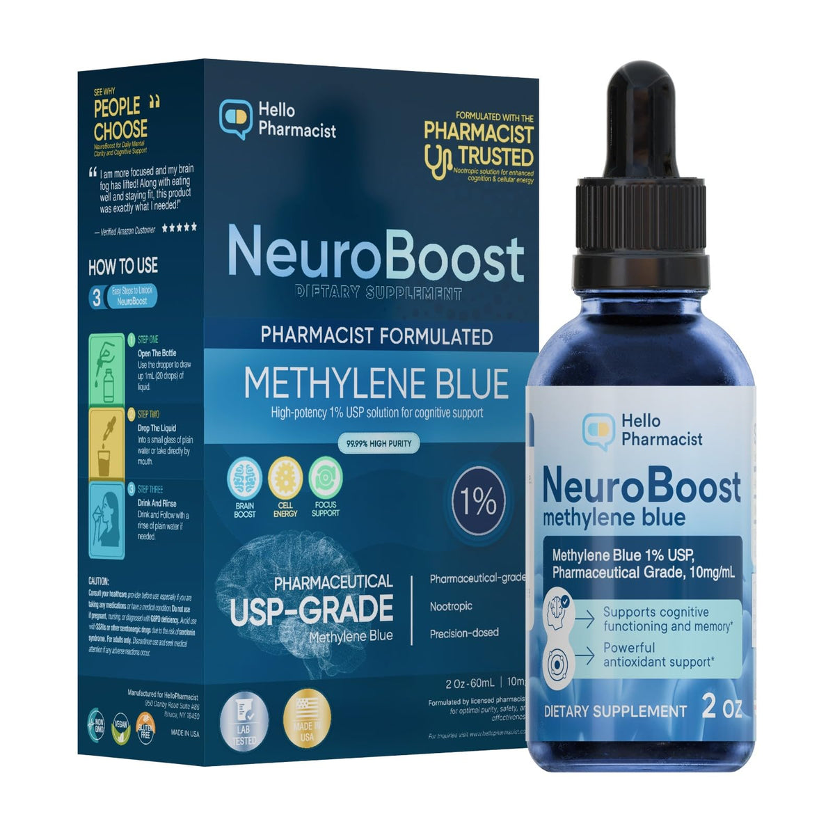HelloPharmacist Neuroboost Methylene Blue, flacon-pipette, dosage precis pour une routine quotidienne.