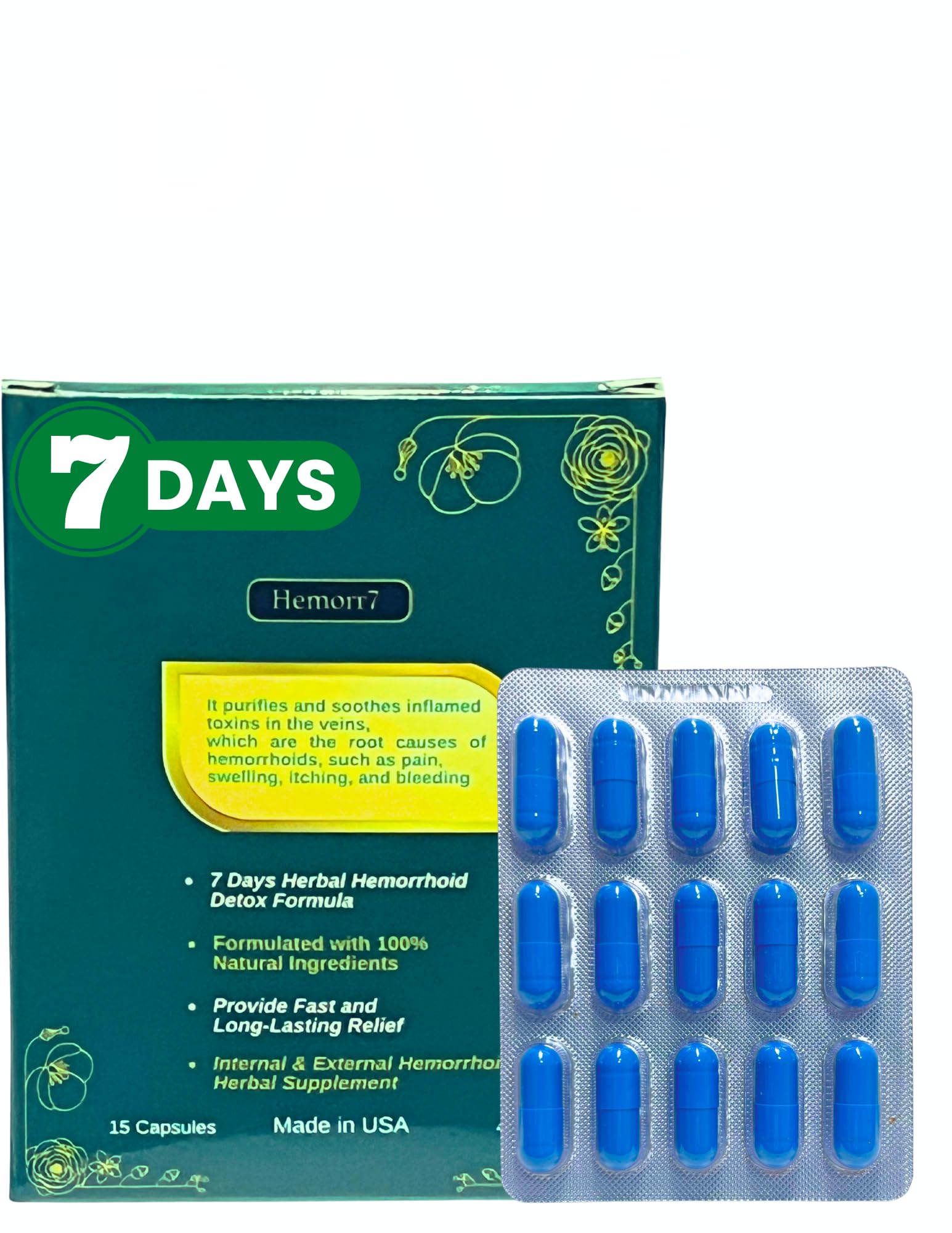 Hemor7: bouteille de capsules naturelles pour un soutien quotidien.