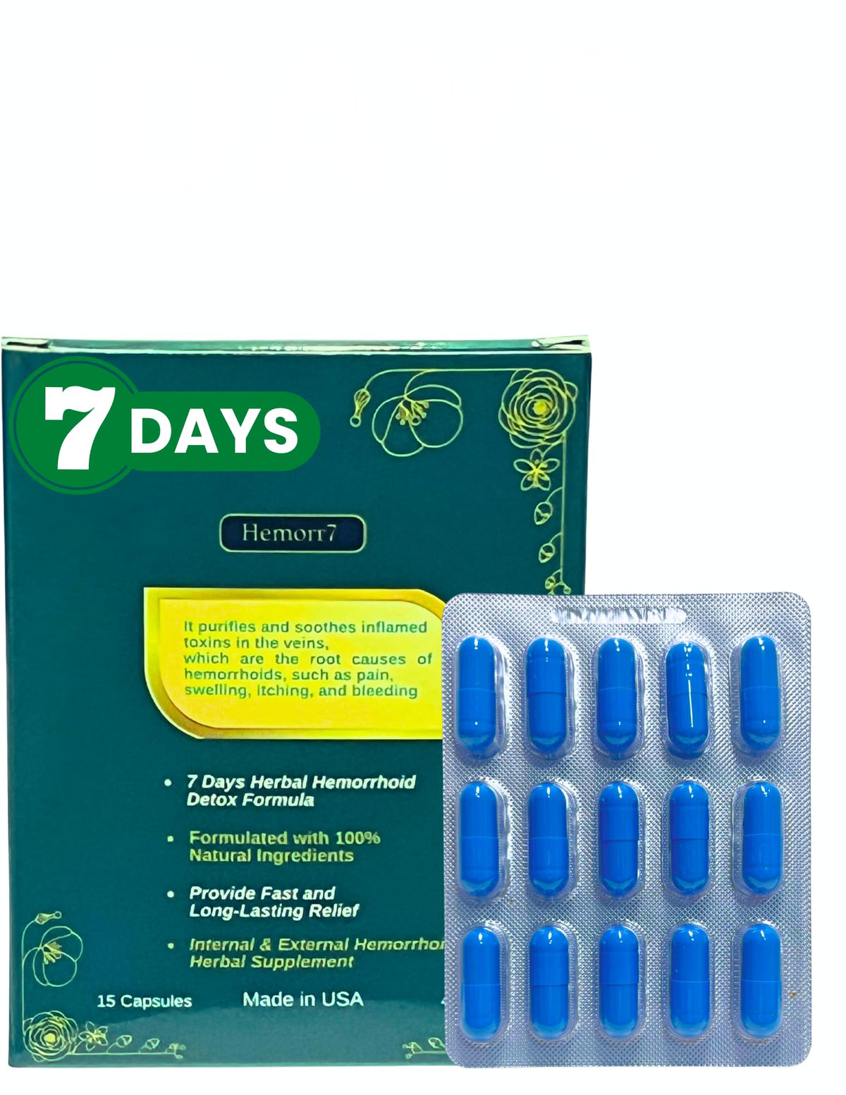 Hemor7: bouteille de capsules naturelles pour un soutien quotidien.
