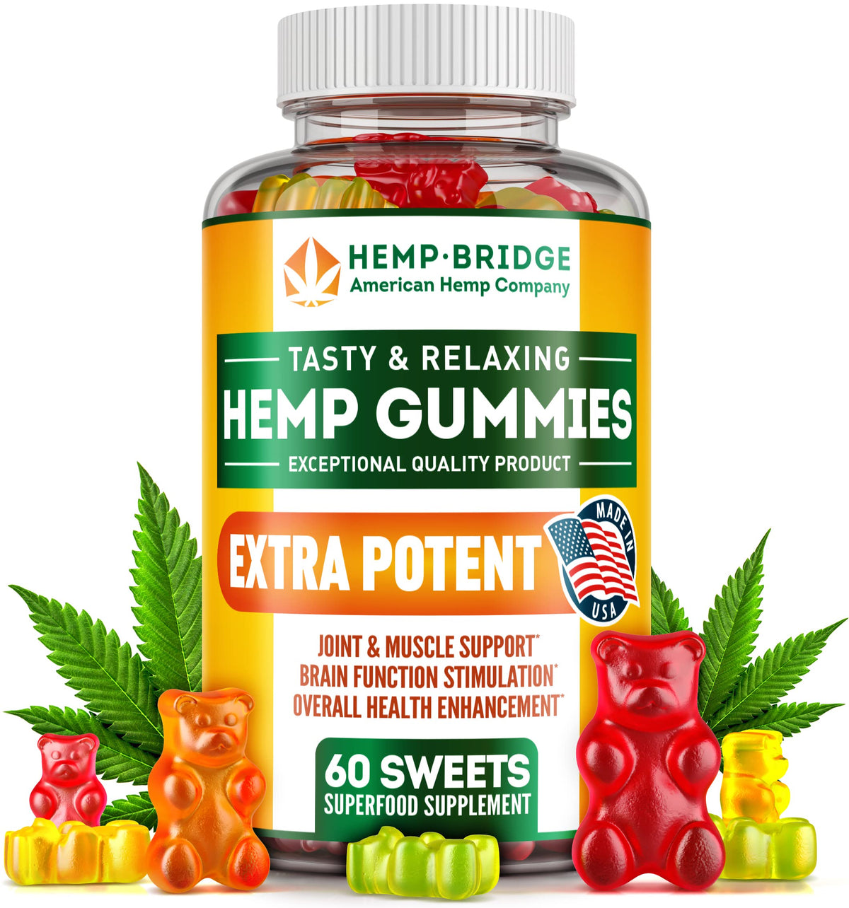 Gommes HempBridge en bouteille fruitée pour le bien-être quotidien.