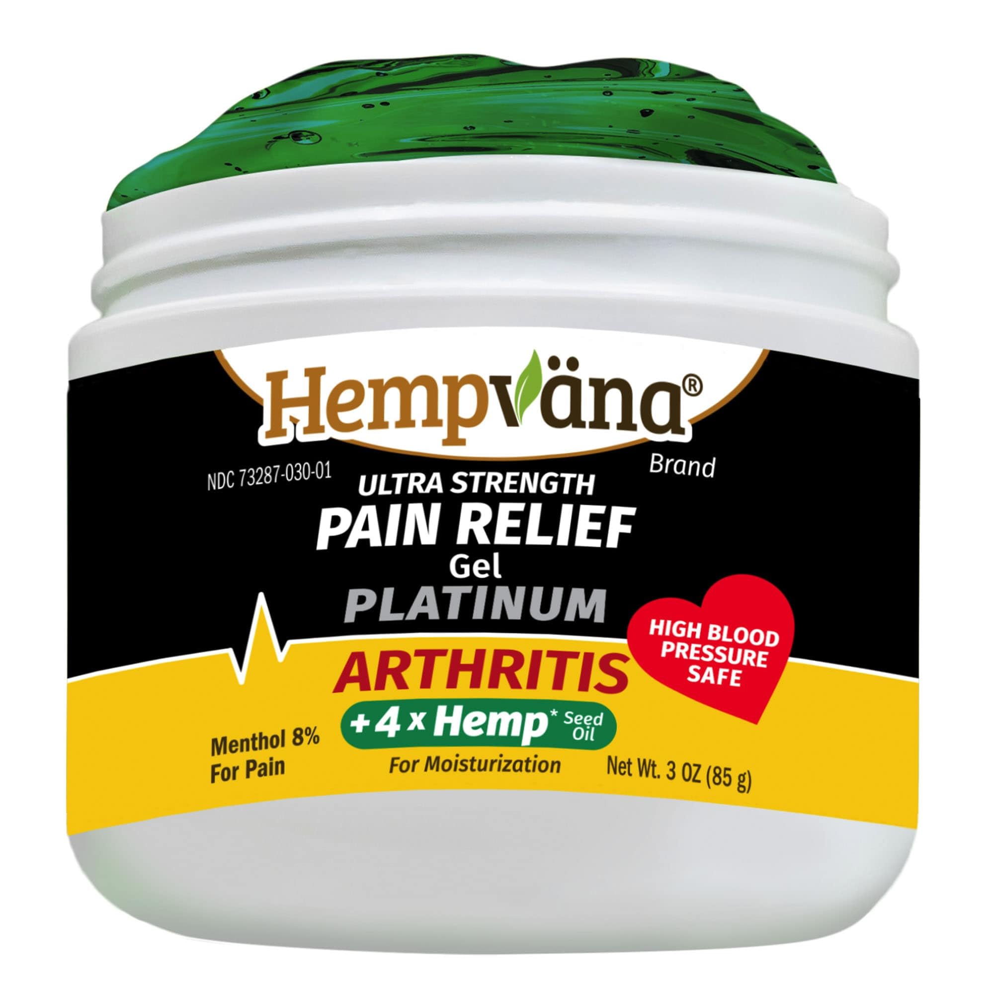 Hempvana Platinum gel d'arthrite en bouteille, soulagement ciblé.