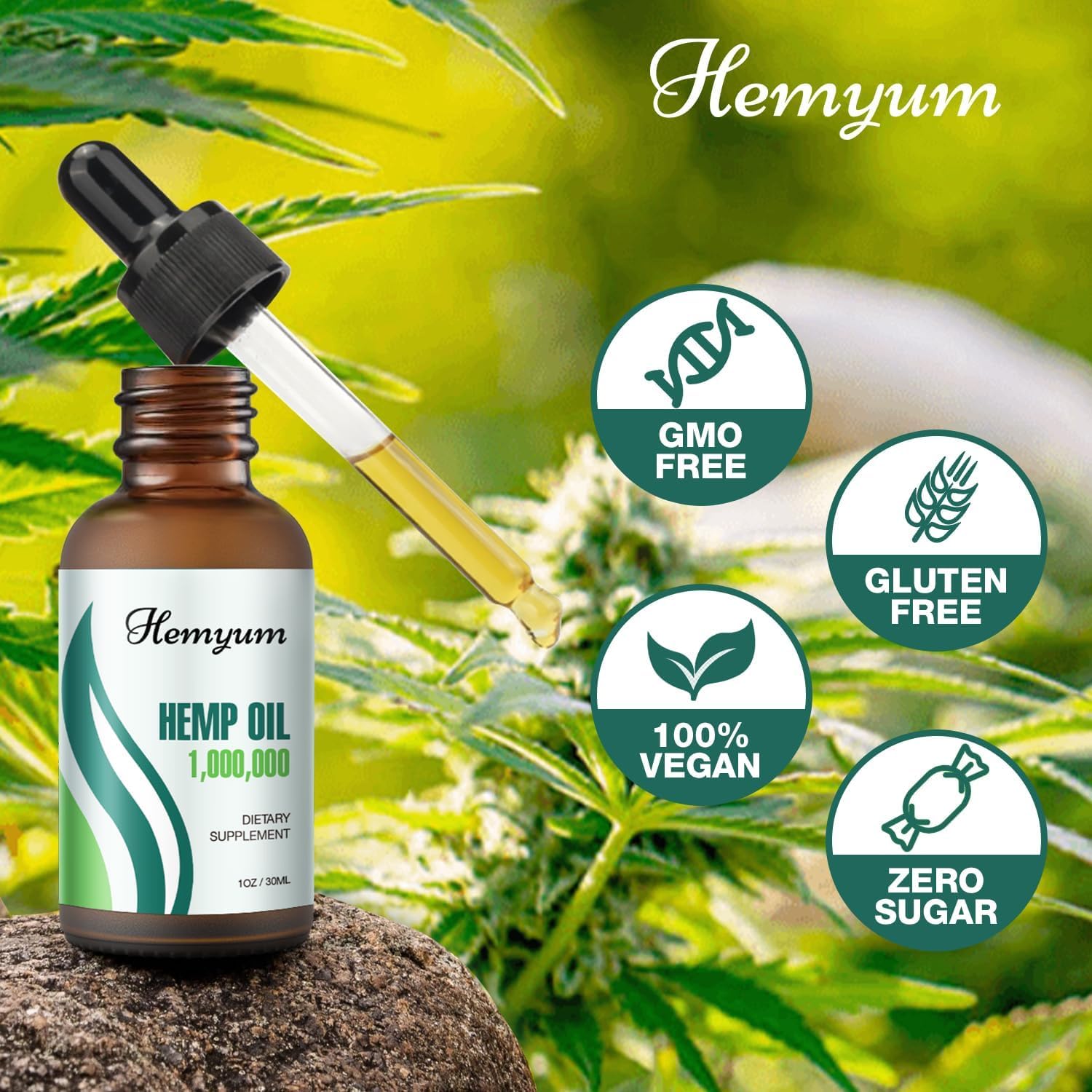 Gouttes Hemyum de huile de chanvre, absorption rapide, usage pratique.