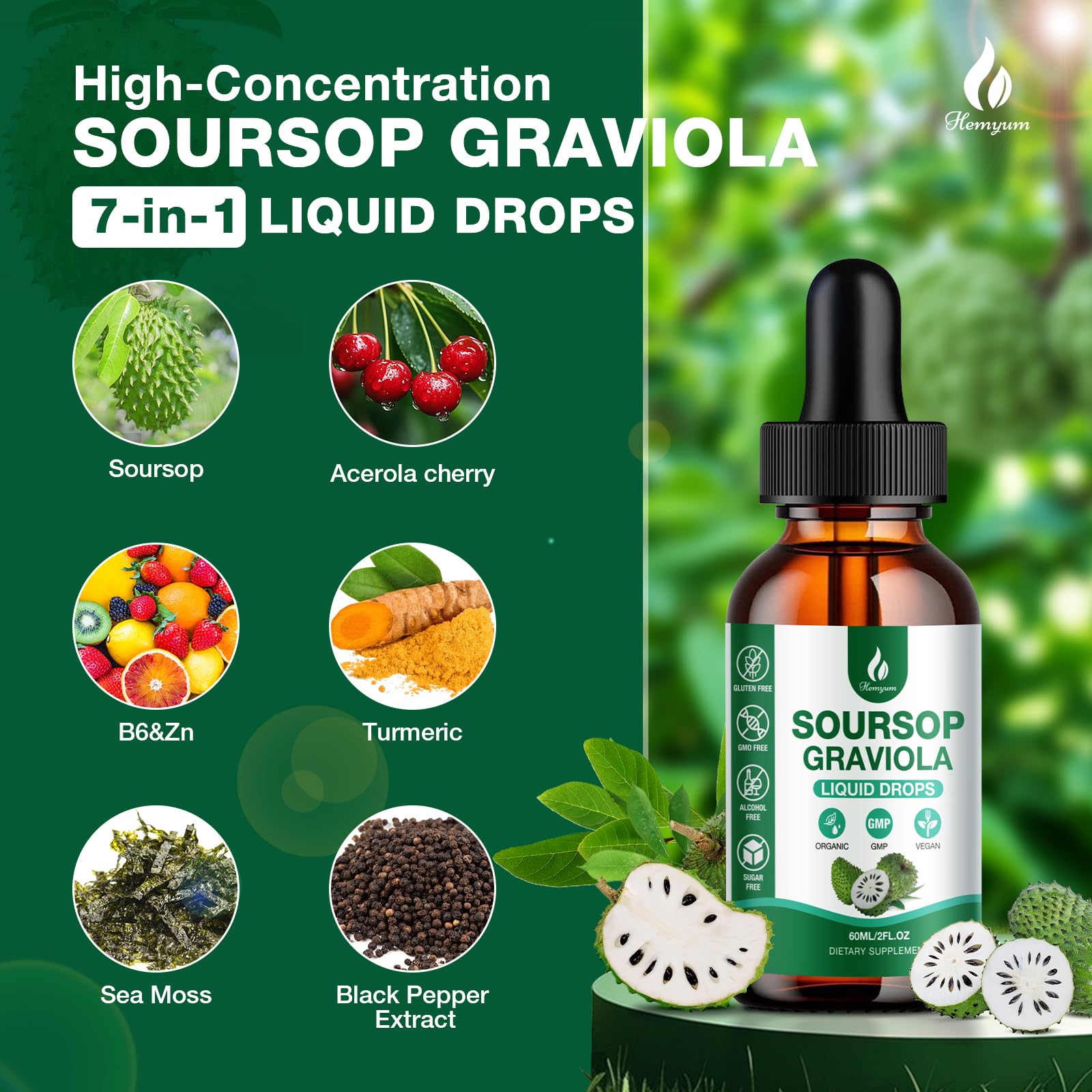 Hemyum Soursop Bitters Liquide ingrédients naturels sans additifs.