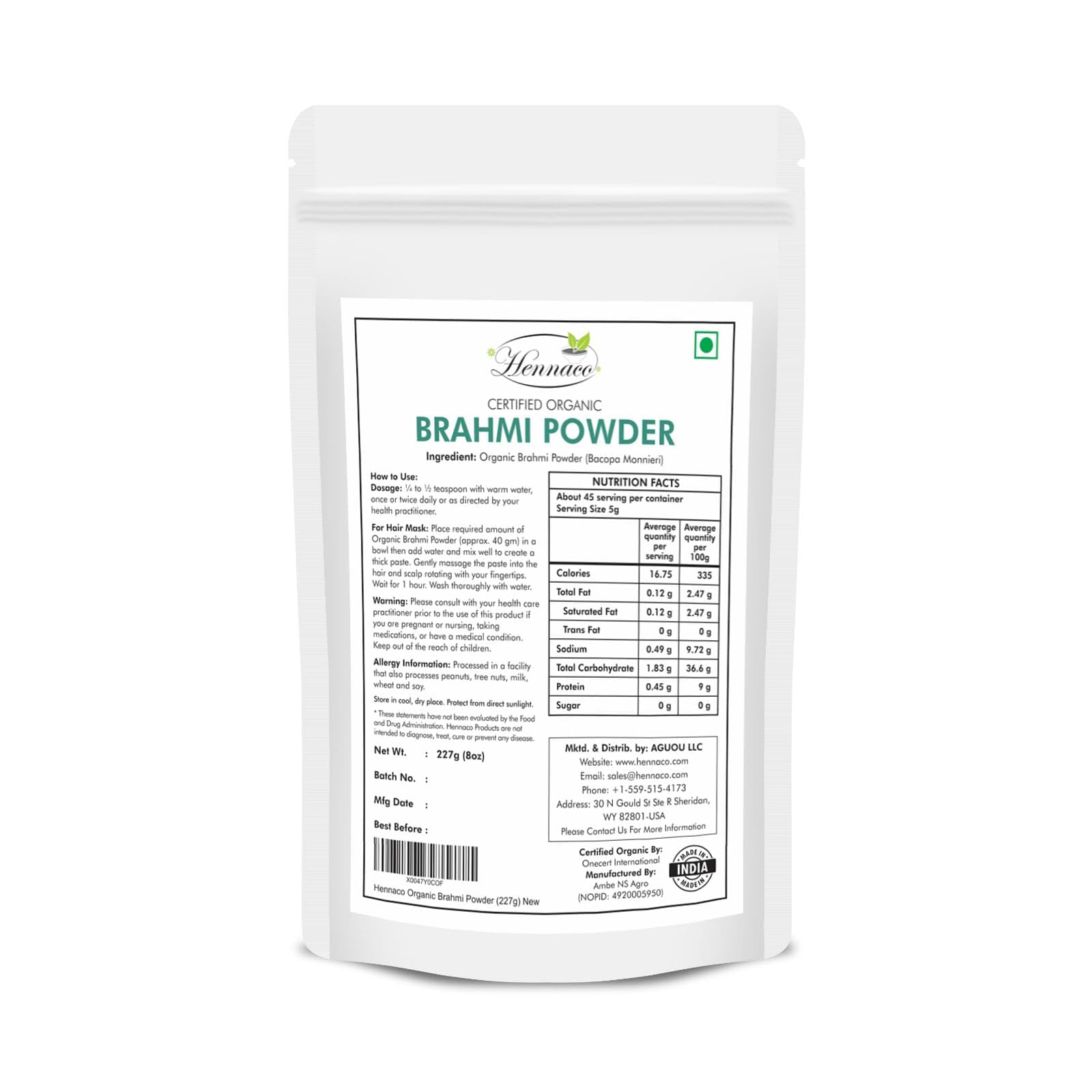 Texture fine de la poudre Bacopa Brahmi Hennaco prête à être ajoutée dans des boissons.