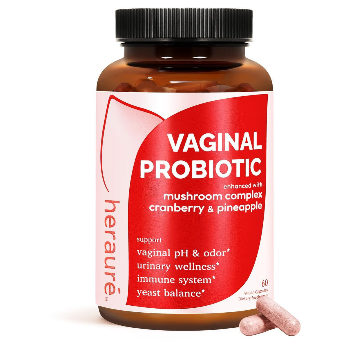 HerAuré bouteille-probiotiques vaginaux soutient le pH et la fraîcheur intime.