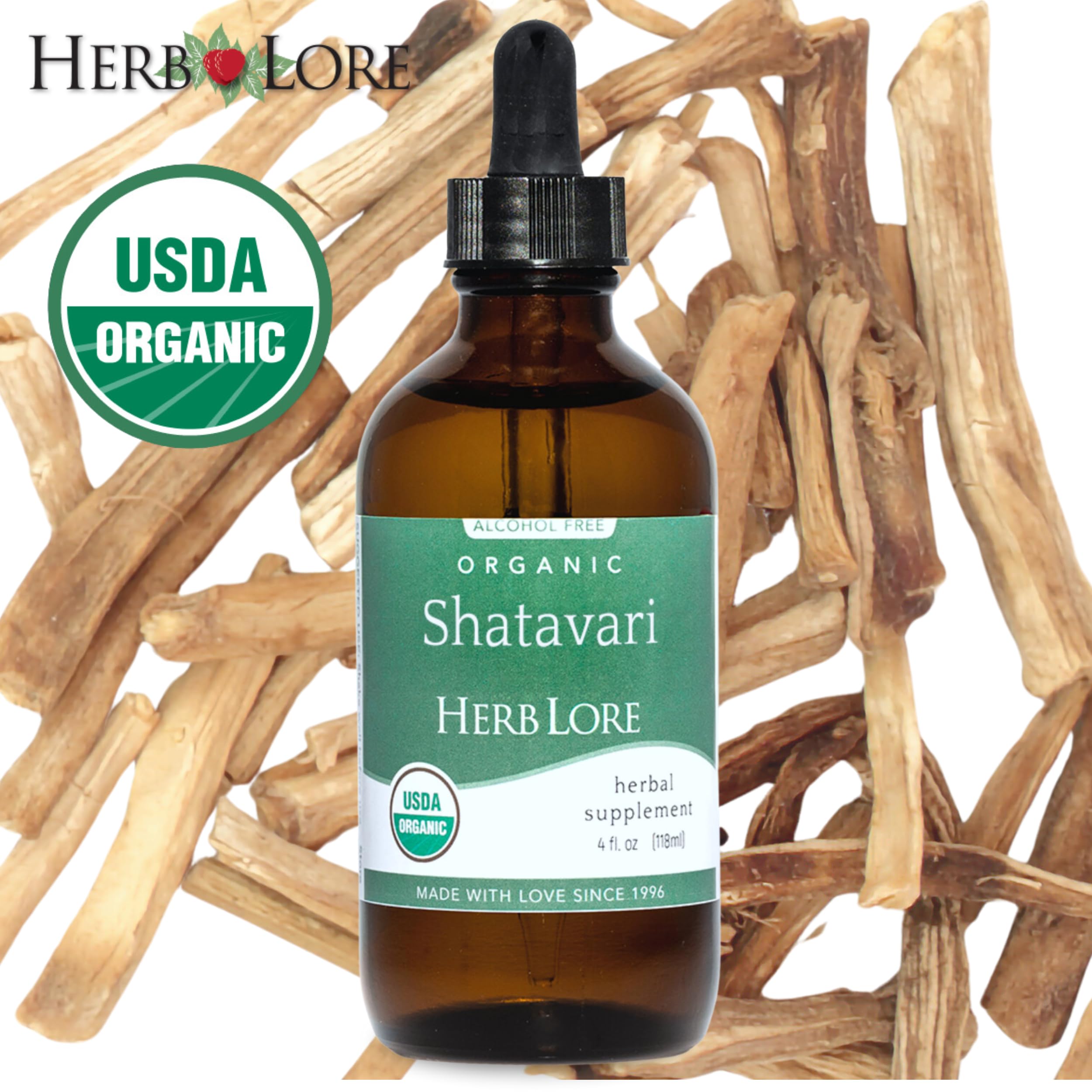Herb Lore Shatavari, étiquette naturelle, produit biologique et sans alcool.