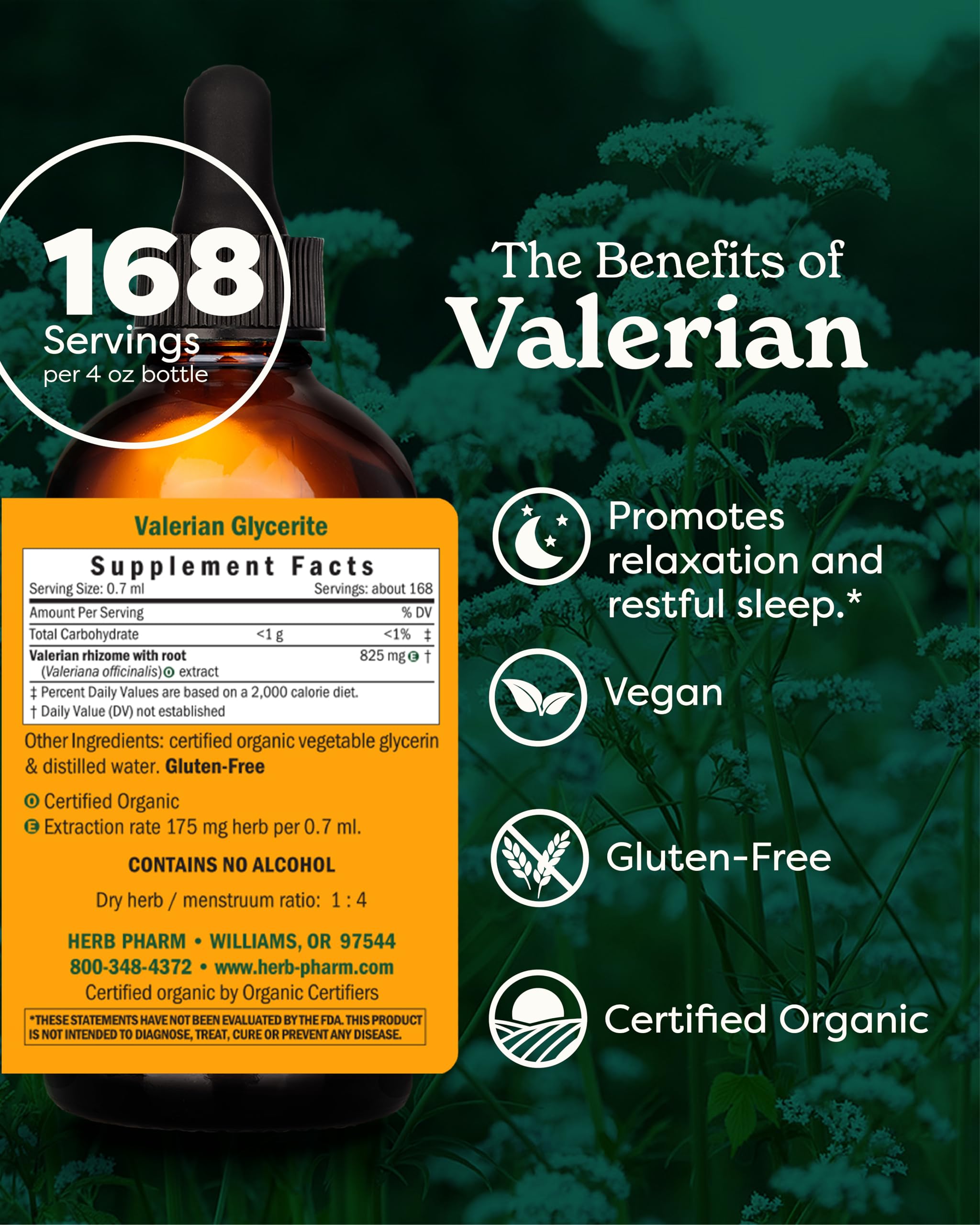 Herb Pharm Valériane: étiquette bio visible, usage simple pour routine nocturne.